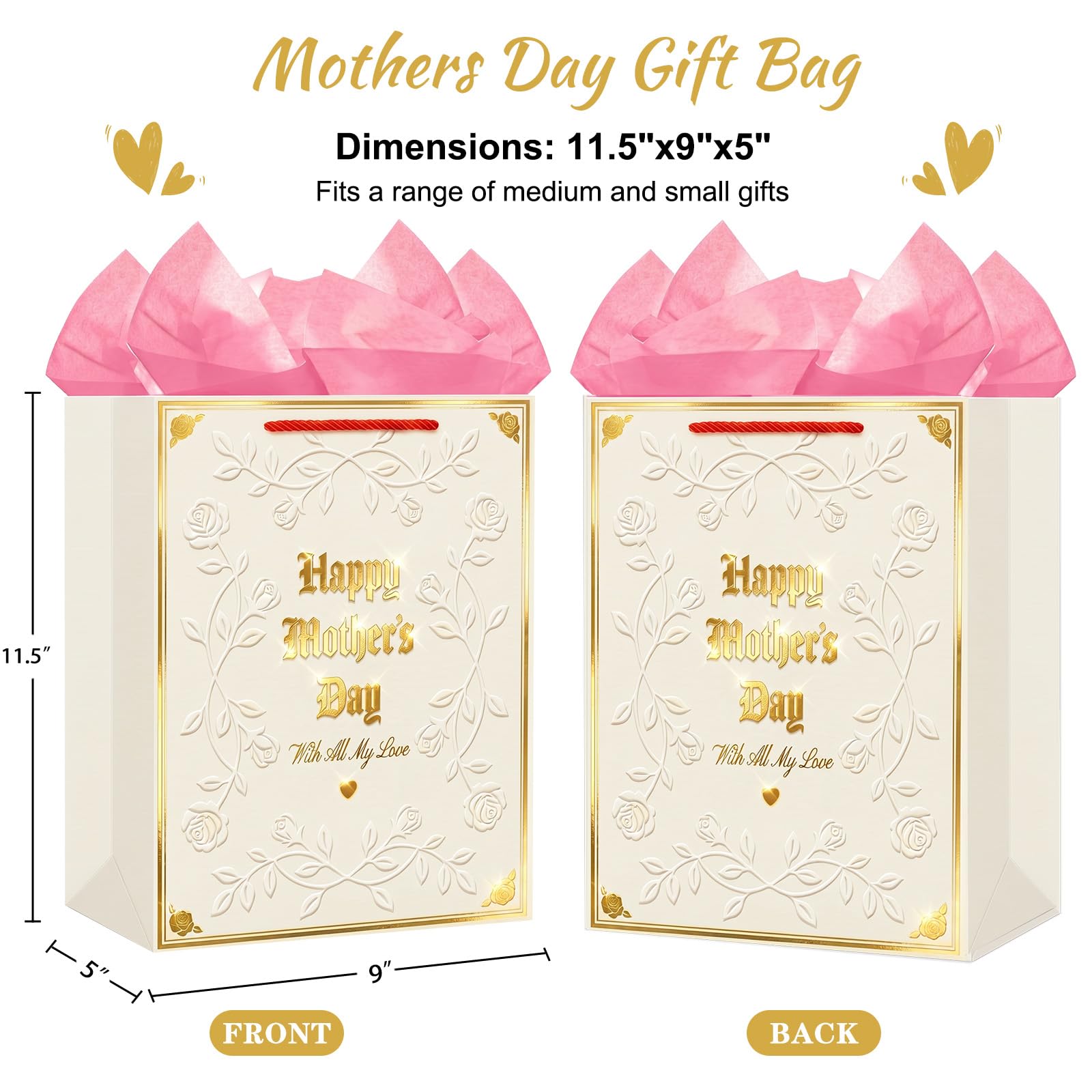 D4DREAM Mothers Day Gift Bag - 11.5'' Medium Happy Mother's Day Paper Gift Bag with Tissue Paper and Handles Elegant Embossed Rose Gift Wrap Bag for Mom Nana Grandma Wife Sister
