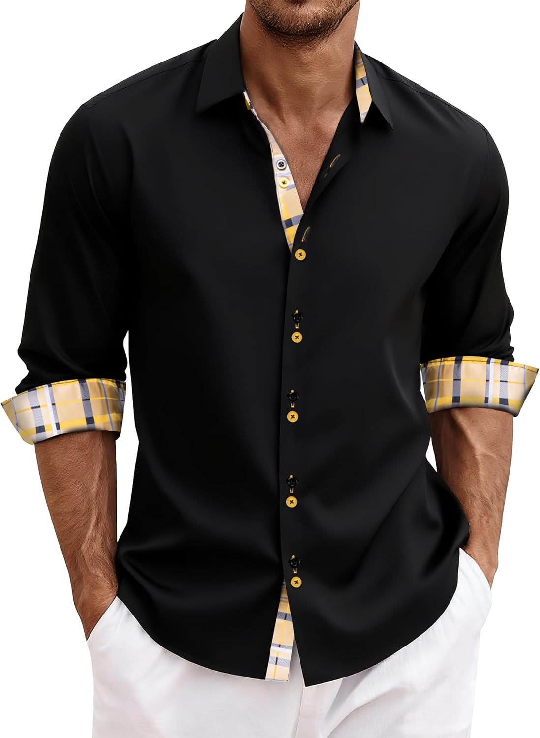 DiBanGu Men's Dress Shirt Long Sleeve Casual Button Down Shirts Regular Fit Inner Contrast Shirt for Business Party