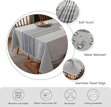 Laolitou Outdoor Table Cloth Rectangular, Waterproof Cotton Linen Tablecloth Wipe Clean Washable Anti-Wrinkle Tassel Design for Garden Picnic Party Kitchen Dinning, 55 x 72 Inch