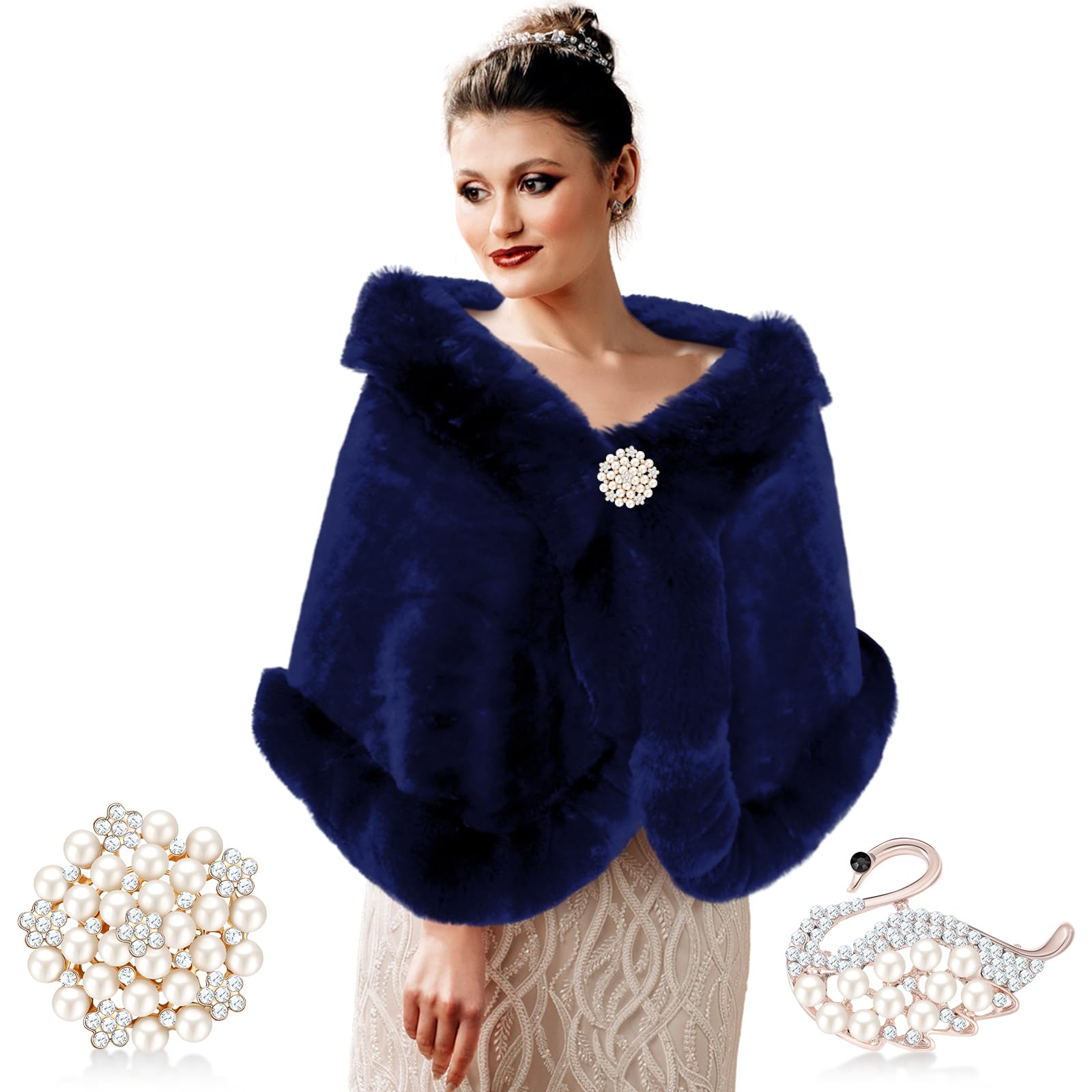 Jadive Châle en fausse fourrure pour femme avec 2 broches en strass pour mariage, cape en fausse fourrure