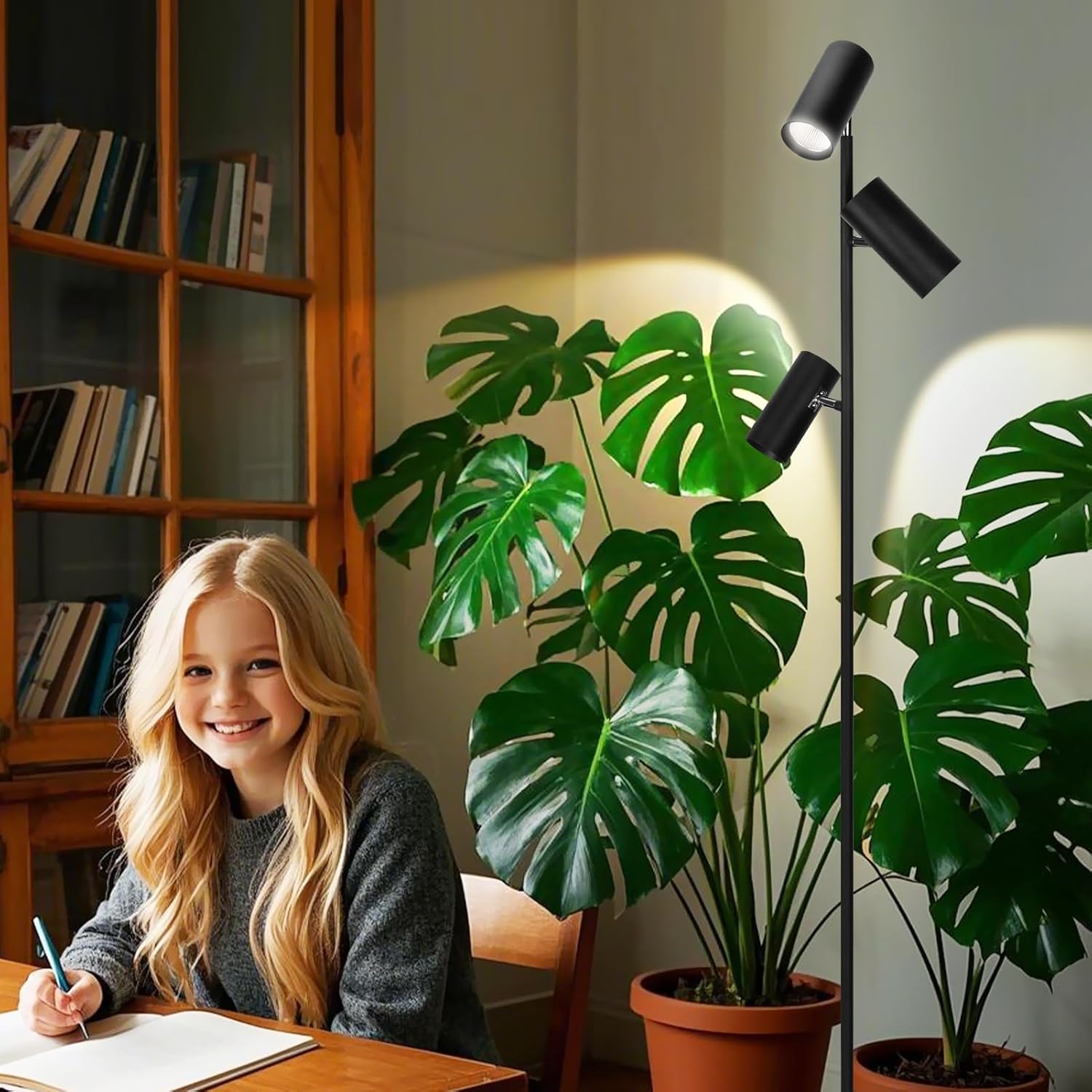 90W Dimmable Grow Light, Warm White Full Spectrum COB LED Triple-Head Floor Lamp with High PPFD&CRI, 6/8/12H Timer, Adjustable Height (43"-83") & Angle – Standing Grow Lights for Indoor Plants