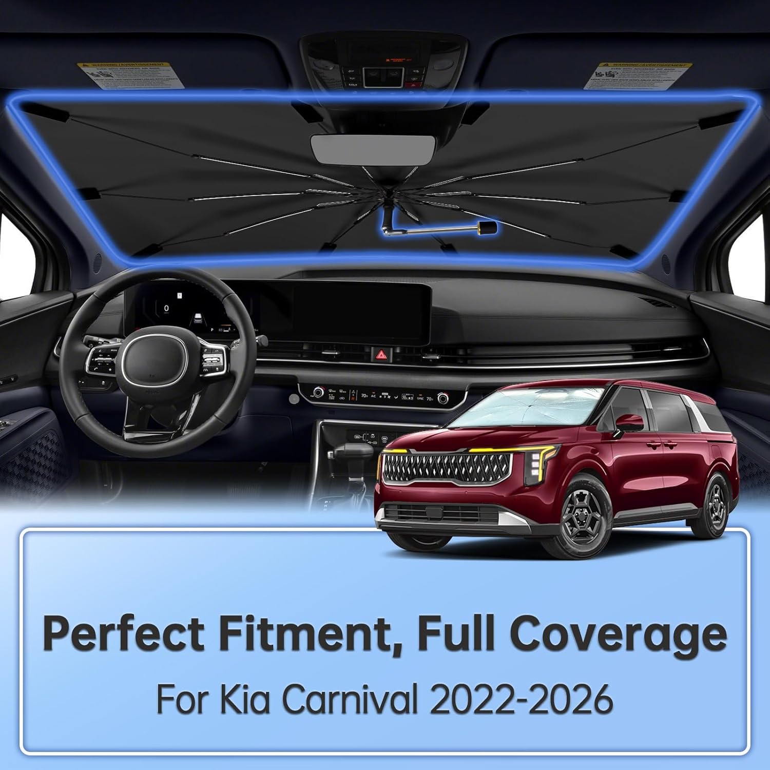 Windshield Sun Shade Umbrella for KIA Carnival 2022-2026, Foldable Sunshade for Car Front Window, 360 Rotation Automotive Interior UV Protection for Outdoor Parking, Keep Car Cool