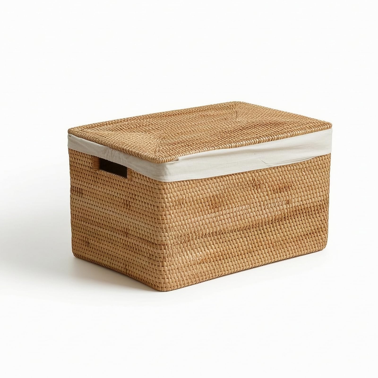 Cesta de Almacenamiento Cesta Organizadora Caja Contenedor con Tapa de Ratán Natural Tejido Firme con Asideros Pertenencias Polvo Adecuada para Dormitorio Salón Armario Estudio, 50x33x30cm