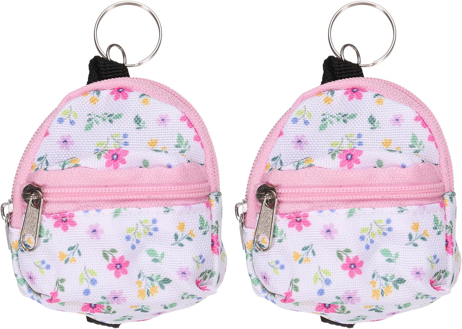 2Pcs Mini Keychain Backpacks, 4.4"x2.4" Cute Canvas Coin Purse, Small Change Wallet Keychain Pouch Cosmetic Makeup Bag for Earbuds Keys Coins Hair Ties Daily Carry, Pink White