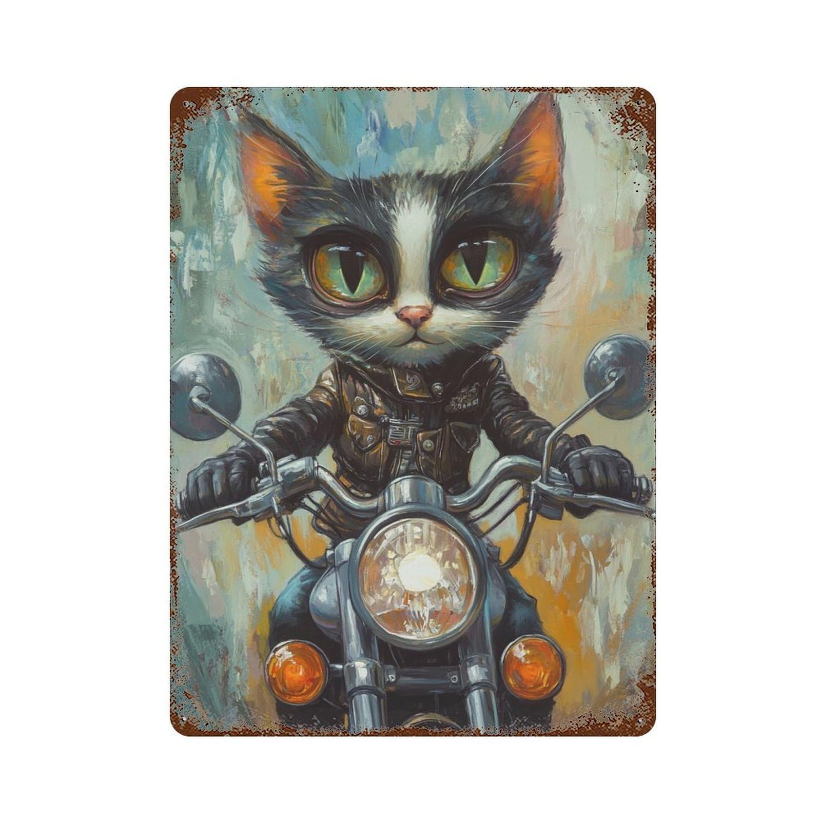 Biker Cat Painting Artwork 15.7"x11.8" Decorative Tin Sign, Retro Wall Decor for Bistro, Counter And Cafe Decor