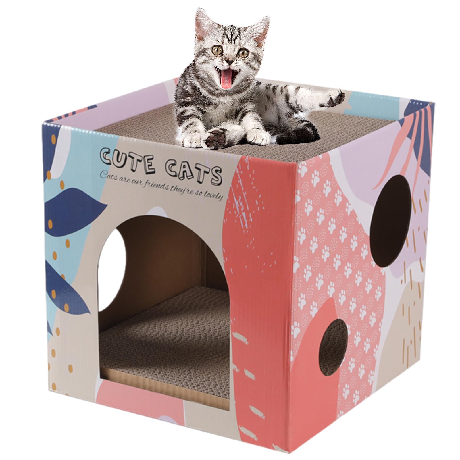 awakentti Cardboard Cat House, Pet Play House with Removable Scratching Board, Double-Layer Vertical Cat Scratcher House for Kittens, Hamsters,