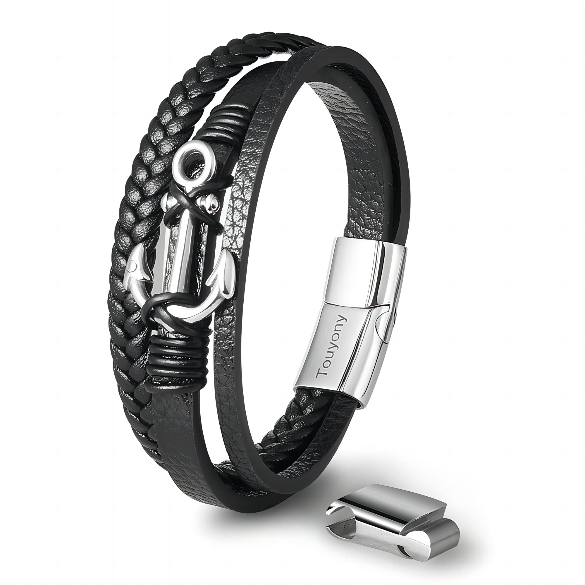Touyony Men's Anchor Leather Bracelet Stainless Steel Anchor Design with Braided Leather Wristband Stylish Gift for Son Boyfriends Husband - Unique