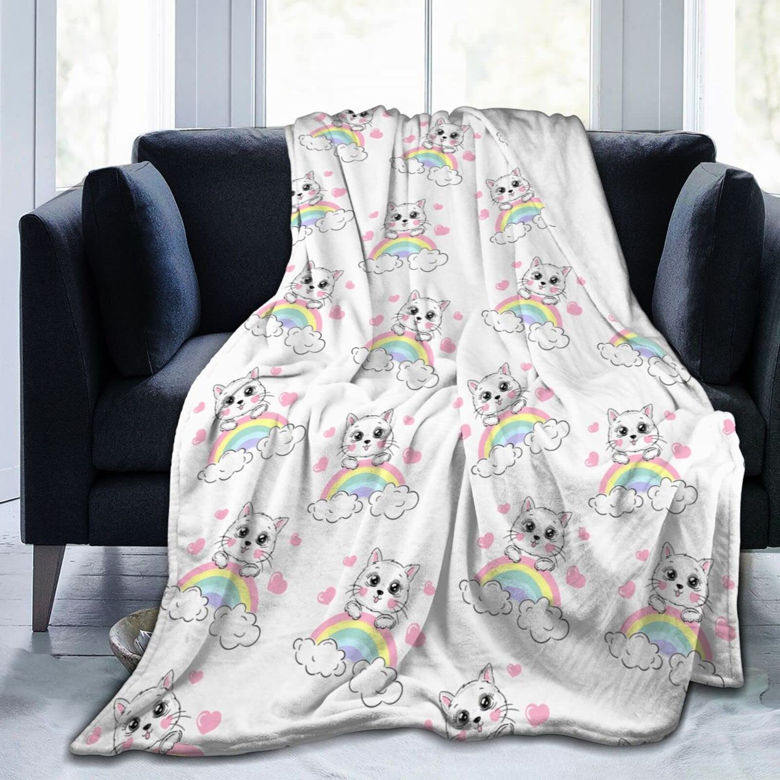 Lsjuee Funny Cute Cats On Rainbow Clouds Throw Blanket Soft Cozy Lightweight Blankets Cute Animal Cat Flannel Blanket for Sofa Couch Bed Office 50"X40"