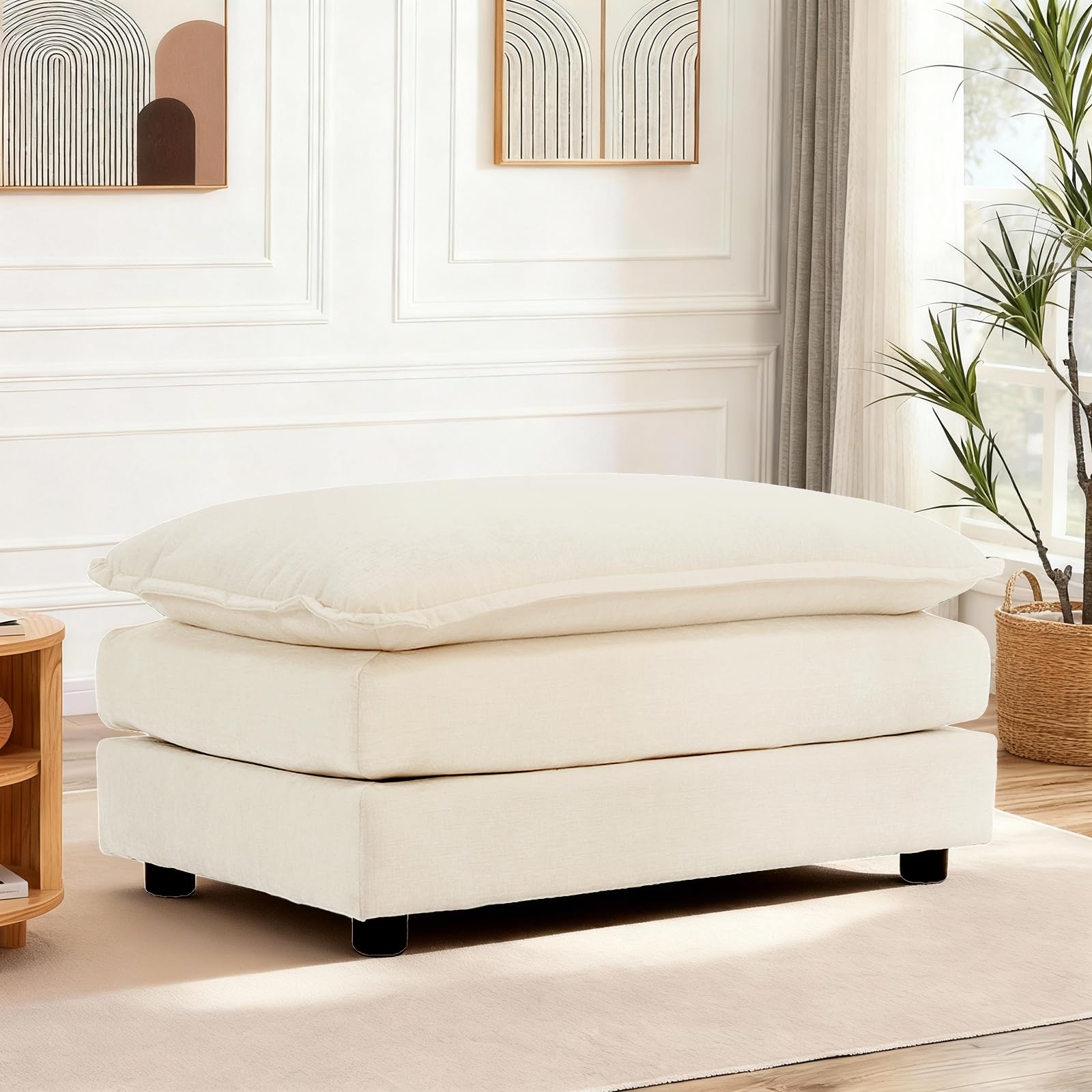 Puff chenilla beige con cojines dobles, accesorio para sillón individual | Tejido suave, resistente y transpirable, incluye cojines y reposabrazos. Ideal para salón, dormitorio y apartamento.