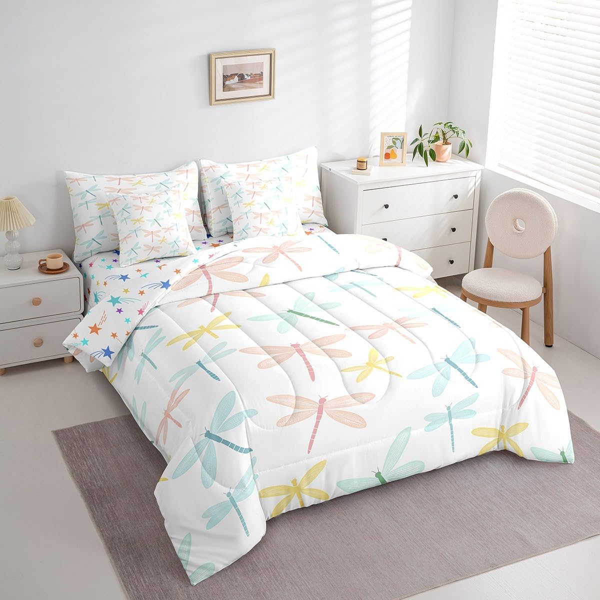 Feelyou Dragonfly Comforter Set with Sheets King Size Kids Colorful Dragonfly 7 Pieces Bedding Set for Boys Girls Teens Gifts for Women Bed in a Bag Breathable Animal Bed Set Room Decor