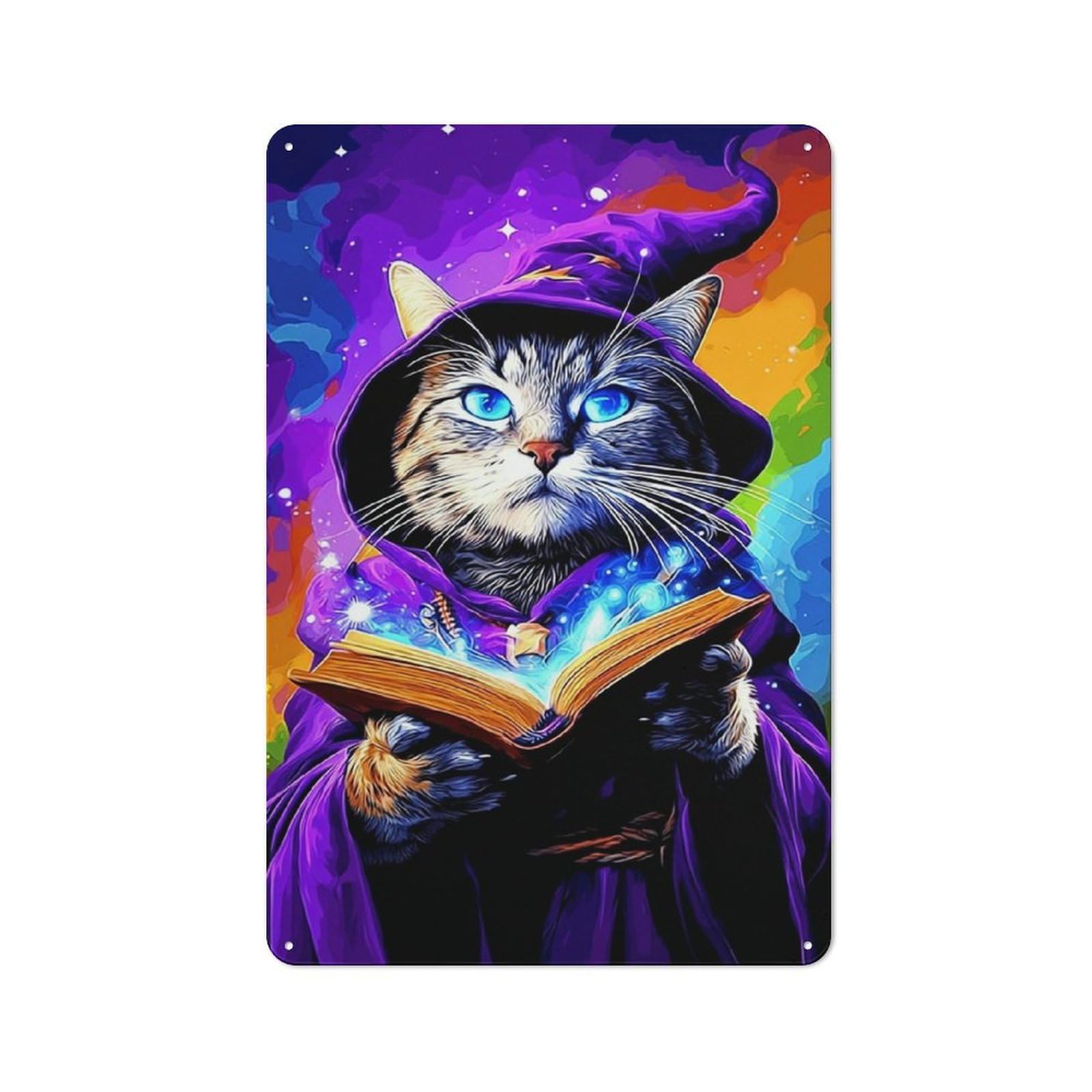 Junmoney Magical Cat Wizard Holding Book Rustic Tin Sign 30X20cm Featuring For Living Room Wall, For Metal Sign Collectors, For Garage And Workshop Walls