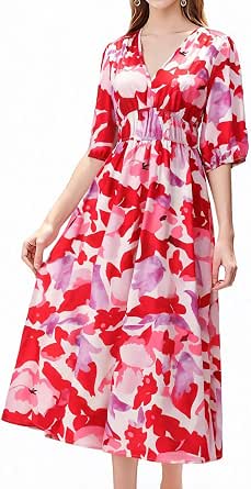 Women's Floral Midi Dress V-Neck Elastic Waist A-Line Flowy Summer Dress