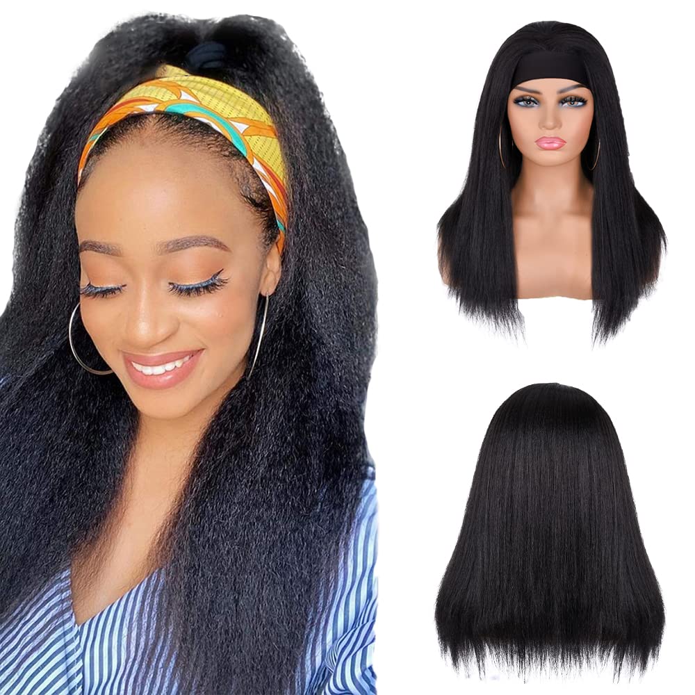 22 Inch Kinky Straight Headband Wigs Human Hair Yaki Headband Wigs Wet and Wavy