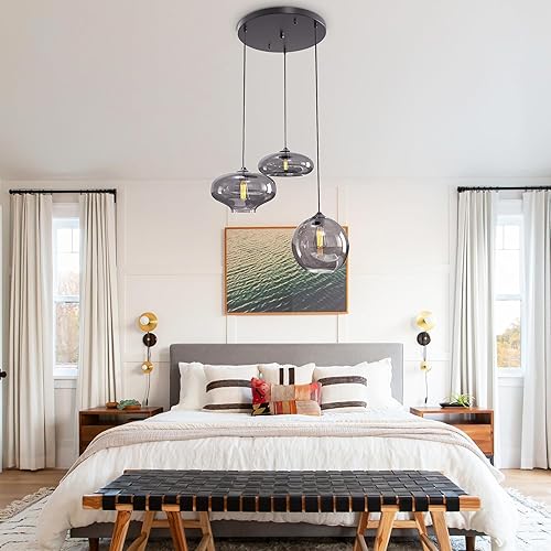 Miniatura 8 de Moderna 3 luces de cristal colgante luz gris ahumado globo de cristal racimo lámpara lámpara de iluminación negro ajustable isla de cocina colgante