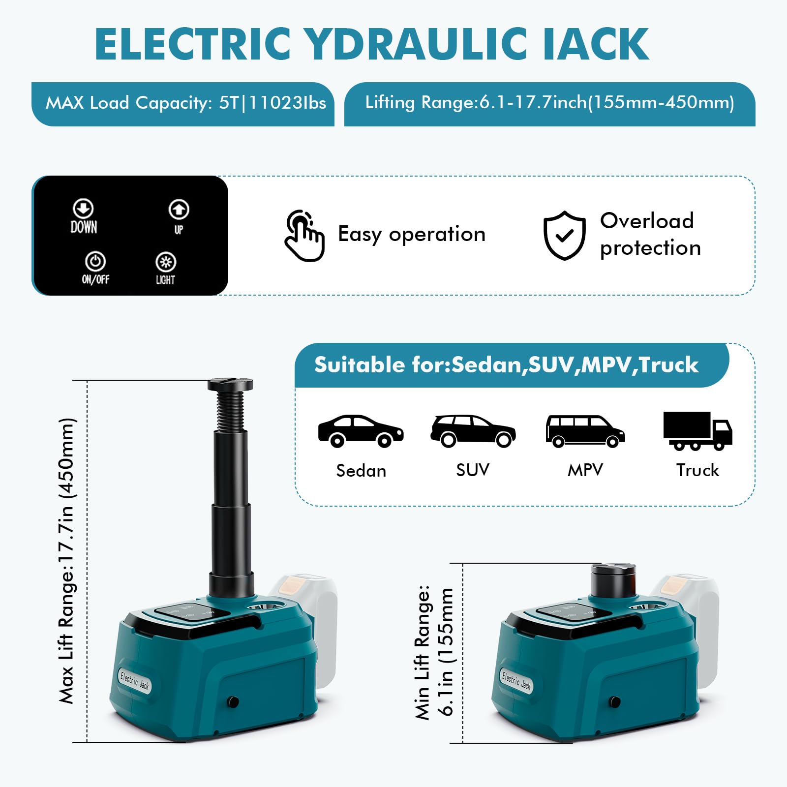 Cric idraulico 5T compatibile con Makita 18 V, 220 W, cric elettrico con pompa gonfiabile e luce LED, 15,5 – 45 cm, sollevatore per auto, SUV, berlina, MPV, cambio pneumatici (on batteria)
