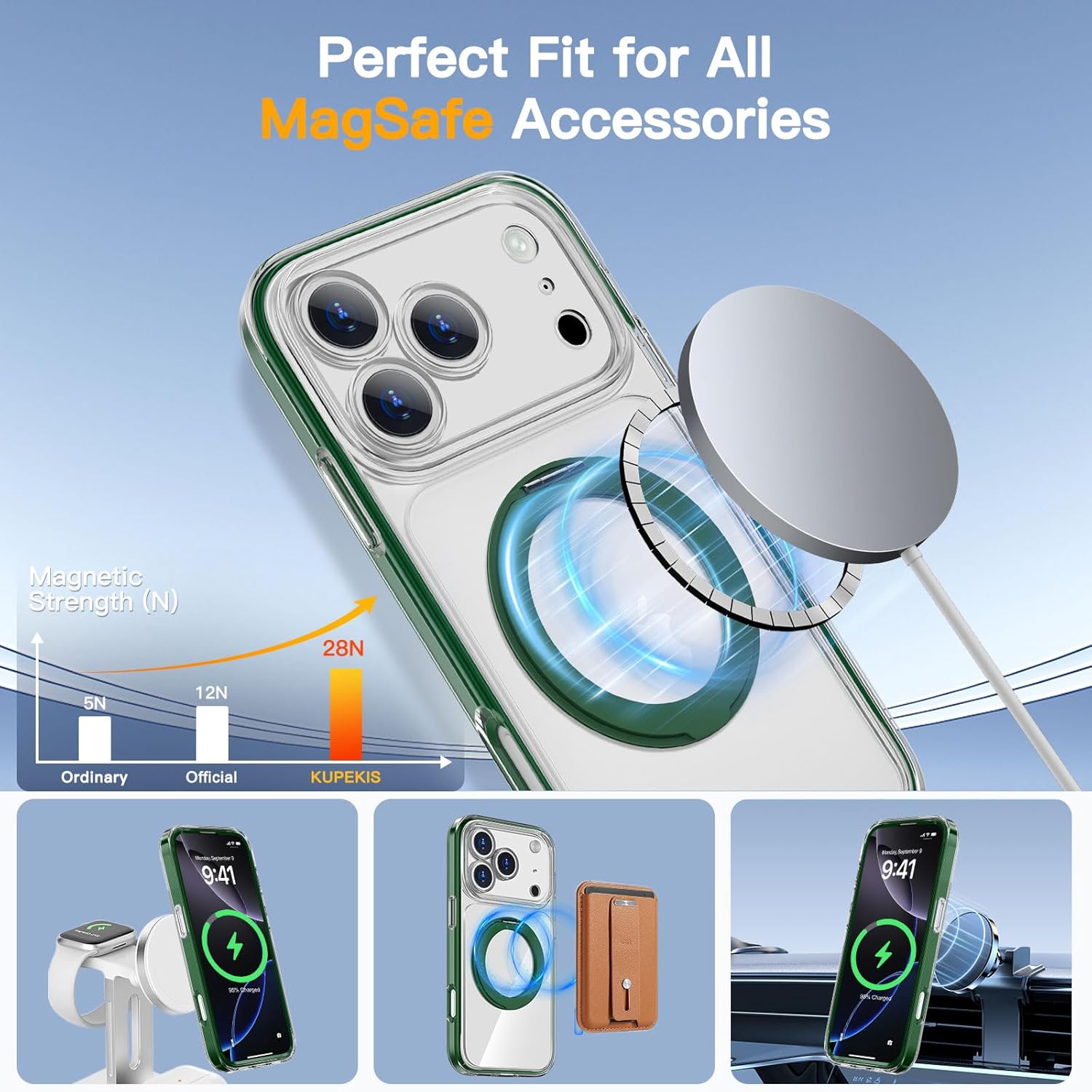Magnetic for iPhone 17 Pro Case Non-Yellowing [2 x Screen Protector] Compatible with MagSafe Military Grade 17 FT Drop Shockproof Full Camera Protection 360° Spin Stand Phone Cover Green