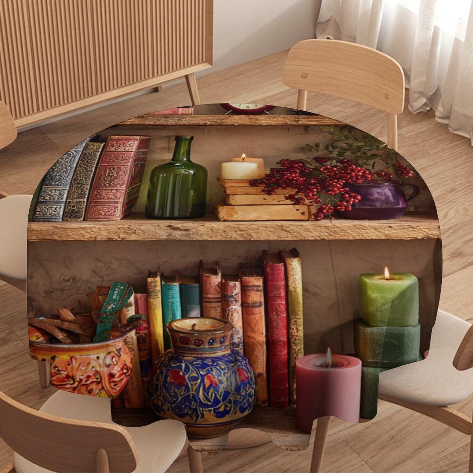 LUYYSKY Classic Realistic Bookshelf Waterproof Round Tablecloth Modern Watercolor Bookshelf Books Plants Print Washable Table Cover for Kitchen-177.8" Wx177.8 L cm