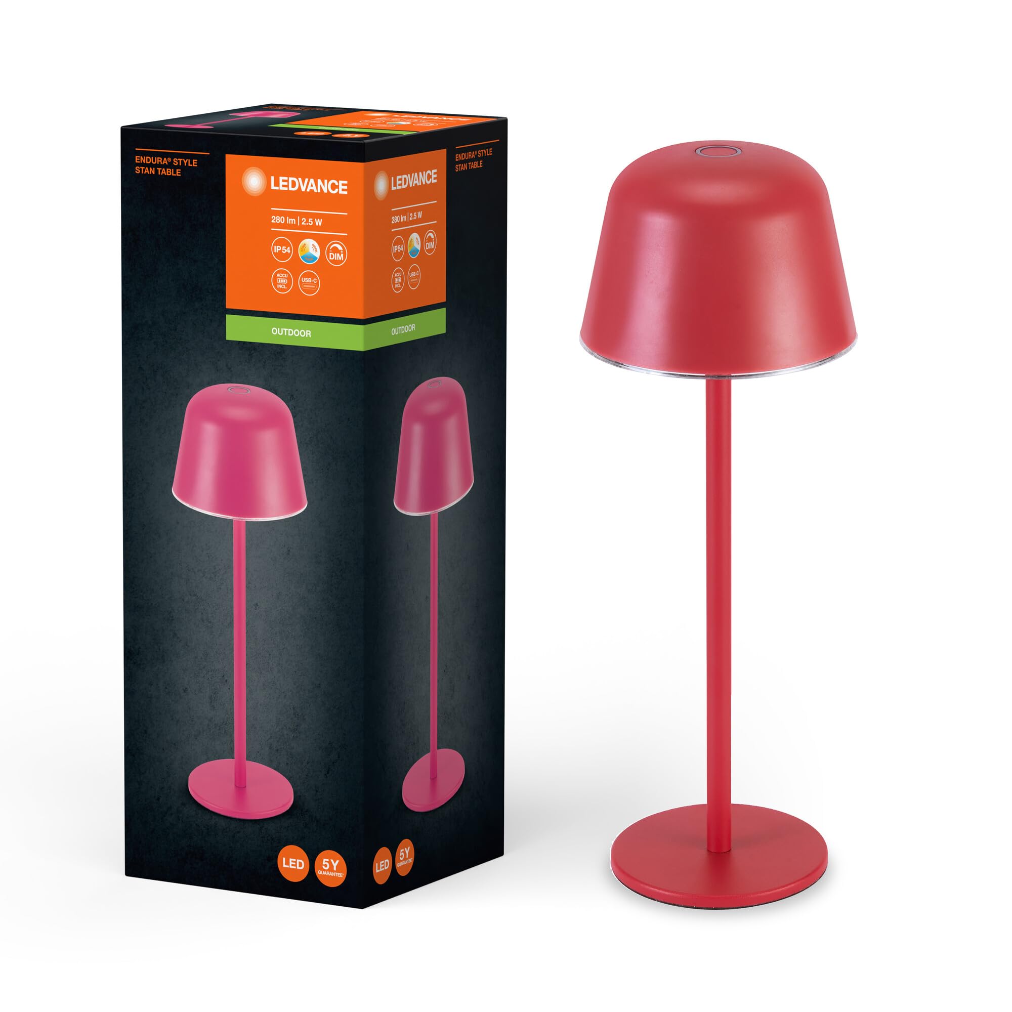 LEDVANCE Endura Style Table USB Outdoor Light, 2.5W, 200lm, Table Light, Magenta, Rechargeable Battery, IP44 Protection, stepless dimming, Brightness Memory Function