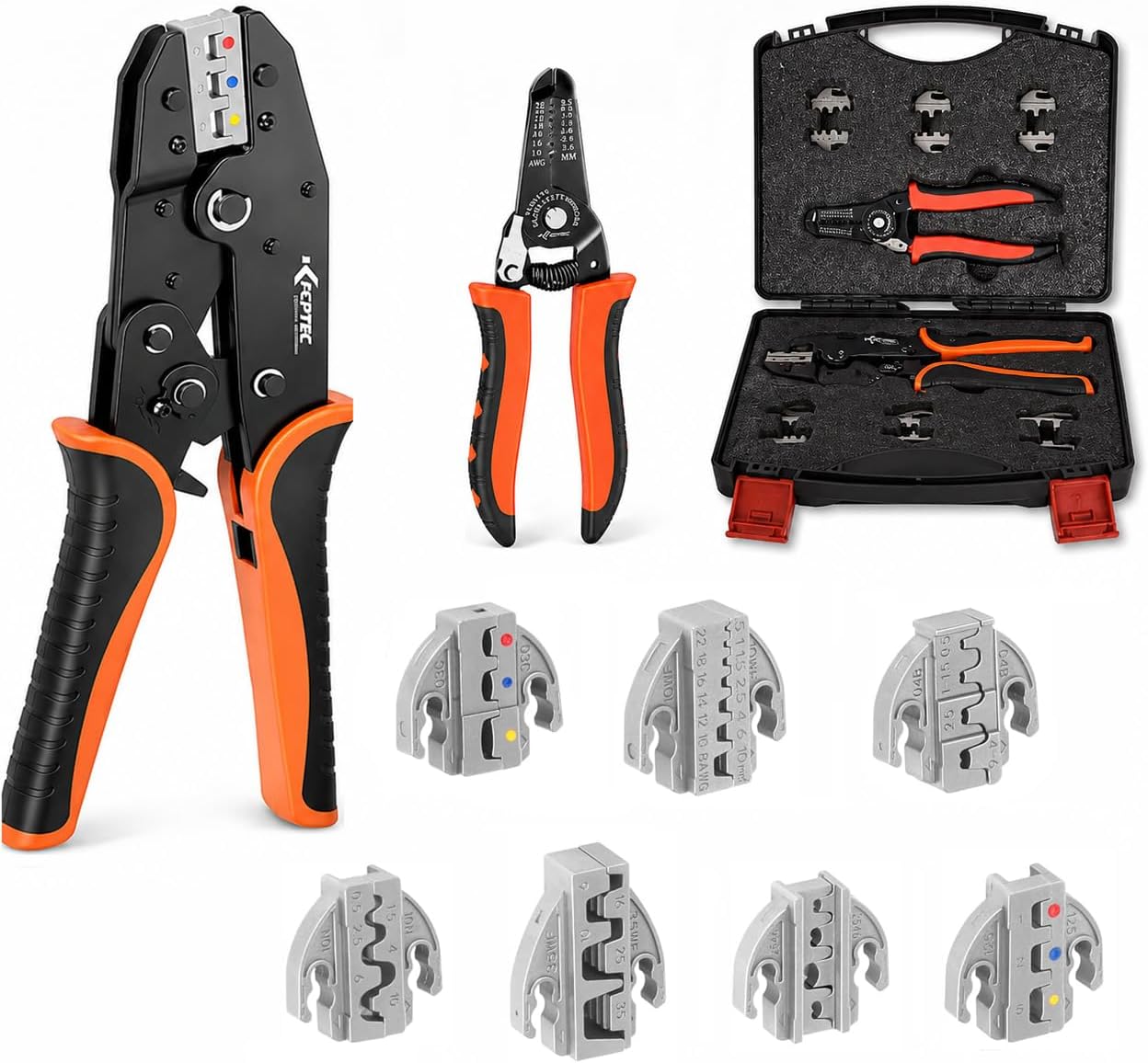KF CPTEC Ratcheting Wire Crimper Kit 9PCS, Quick-Change Crimping Tool Set with 7 Dies & Wire Stripper for Heat Shrink, Ferrules, Open Barrel, Insulated & Non-Insulated Terminals, Solar Connectors