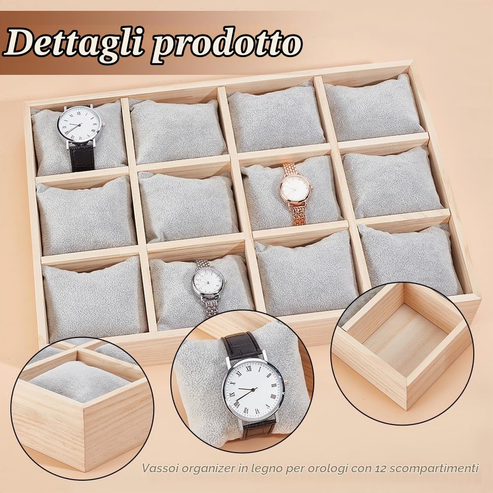 PH PandaHall Vassoio Porta Orologi In Legno con 12 slot per Espositore per Orologi con Cuscini Rimovibili In Velluto, Vassoio Porta Bracciale per Vetrina Espositiva per Orologi Da Cassetto, Grigio