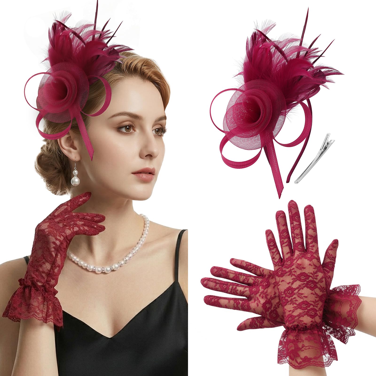 DRESHOW Fascinators Hats for Women Tea Party Gloves Set Tulle Derby Fascinators and Short Lace Gloves for Cocktail Church
