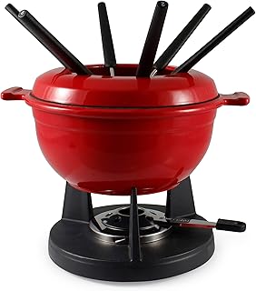Swissmar Lucerne 10-Piece Cast Iron Fondue Set - Ideal for Melting Cheese, Chocolate, & More - Perfect for Kitchen Collection & Wedding Gift Giving - 2 Liter / 2 Quart - Red