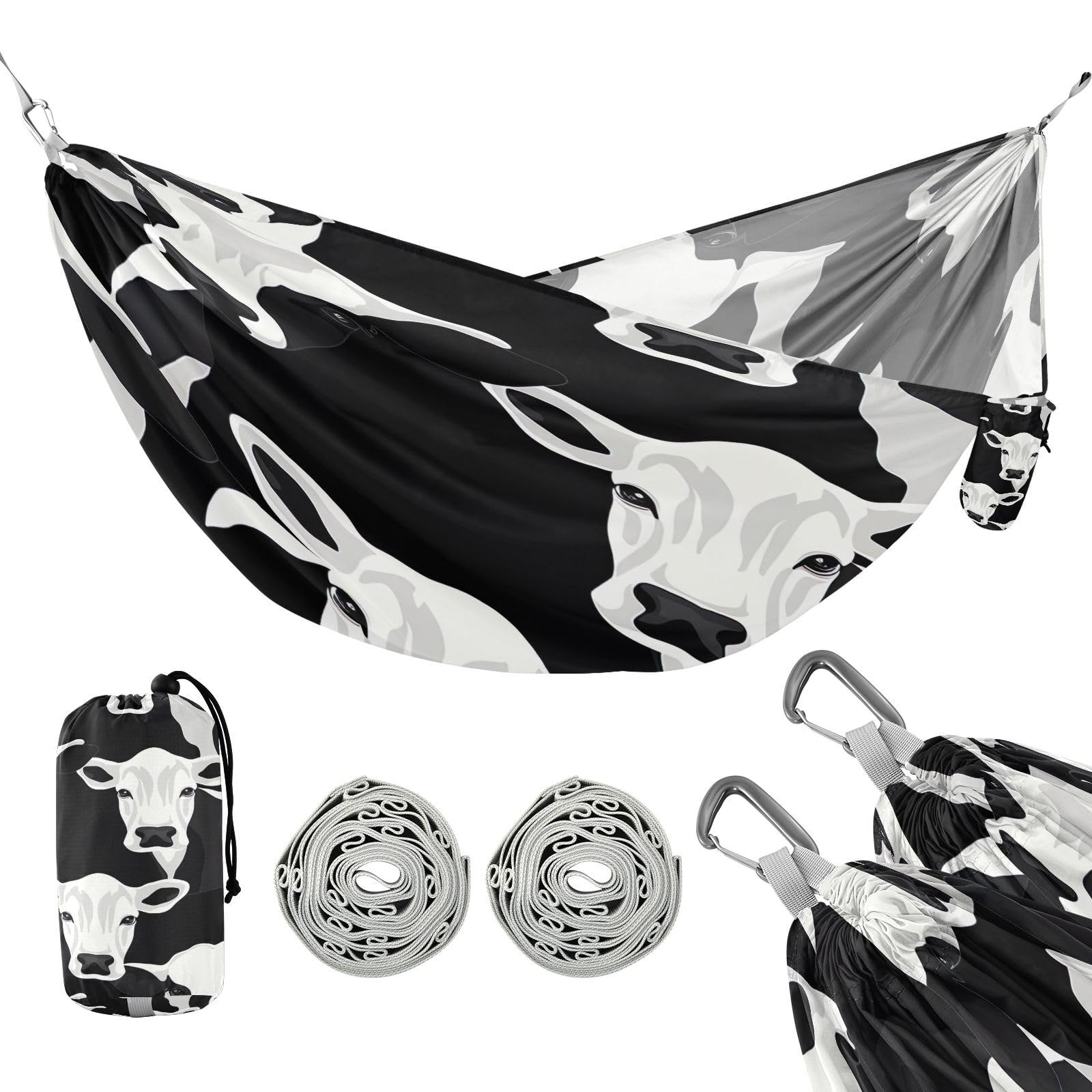 SDMKA Cow Print Camping Hammock, 330 lbs with 2 Tree Straps, Carry Bag, Single Portable Hammock for Outdoor/Indoor, Hiking, Beach, Backpacking, Travel
