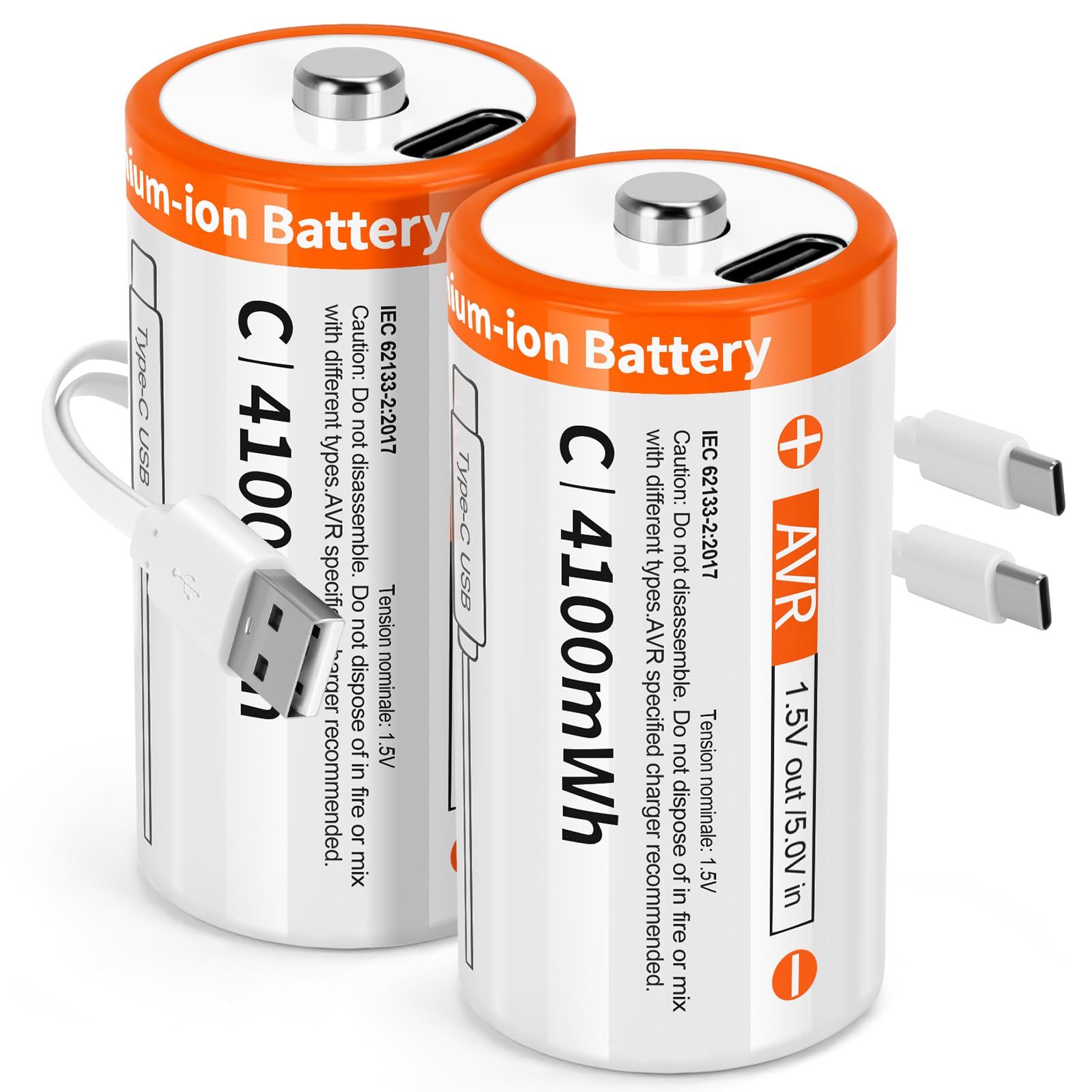 TEMIBATT Rechargeable C Batteries 1.5V 4100mAh Li-ion Battery Pack - 2 Count, High Capacity for Toys, Flashlights, Remote Controls