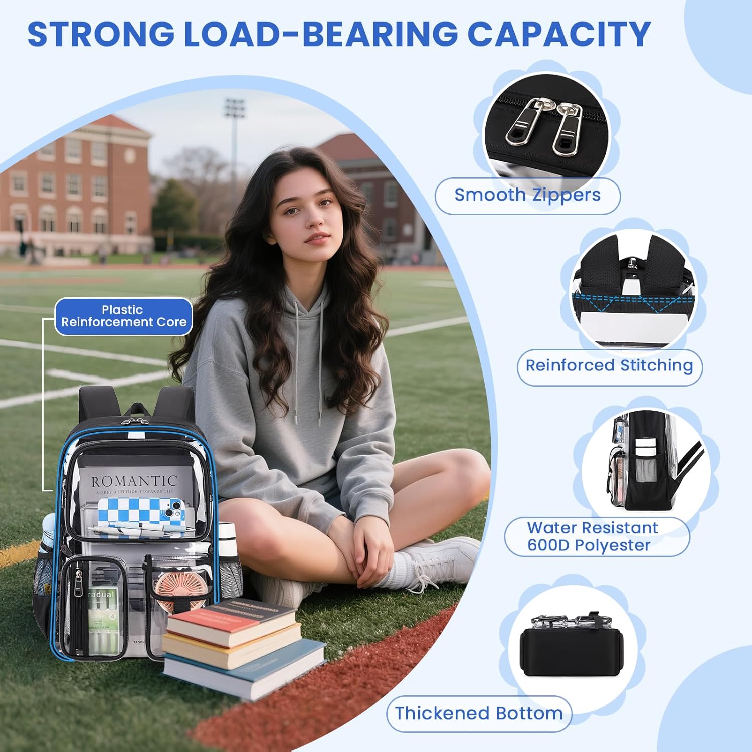 Clear Backpack for School, Heavy Duty Clear Bookbag for Girls Boys Transparent Backpack with Badge Holder, Black - Image 6