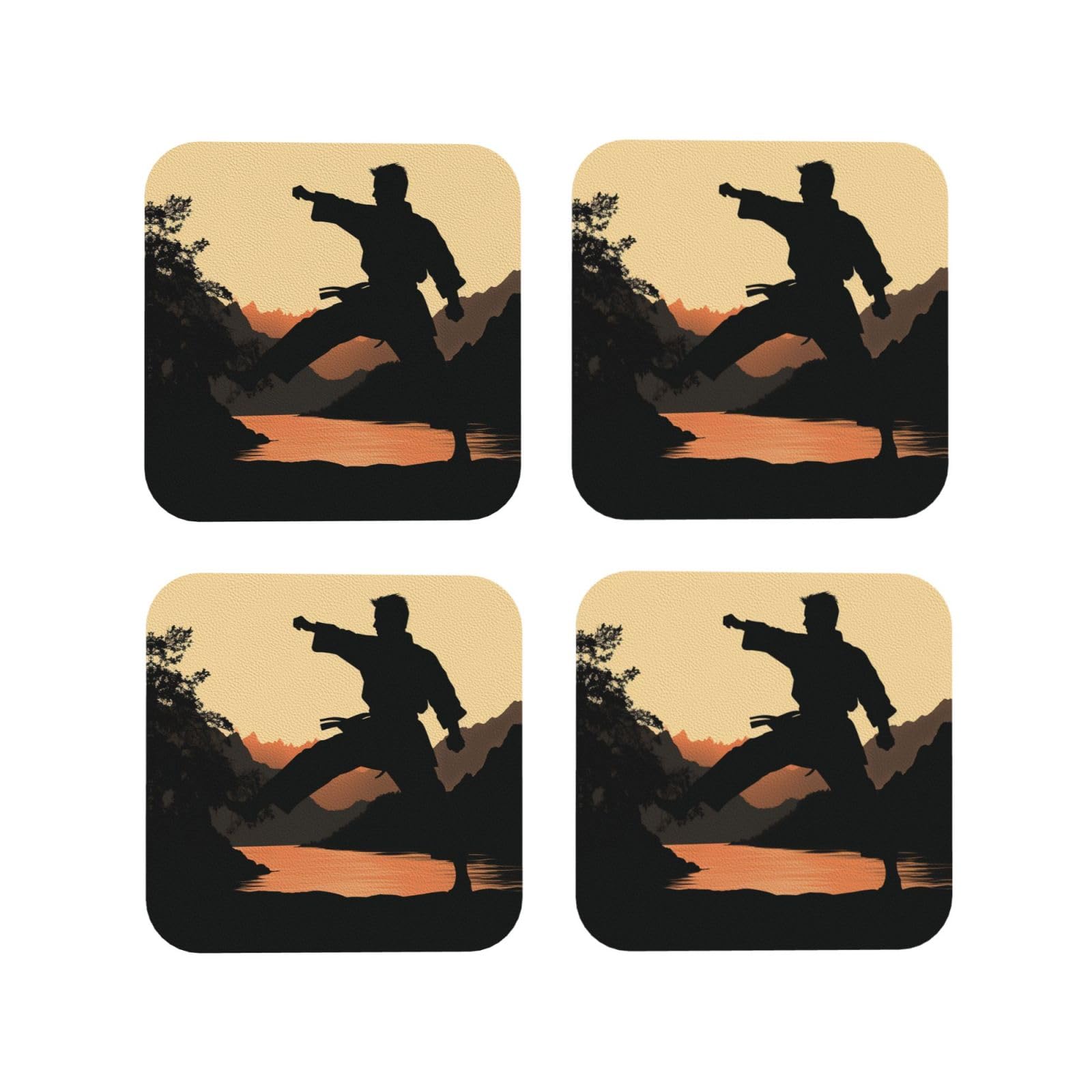 4Pcs PU Leather Coaster for Drinks, Karate Cup Coastersr 4" Cup Mat Pad, Aesthetic Drink Coasters for Coffee Table, Square Coaster for Tabletop Protection