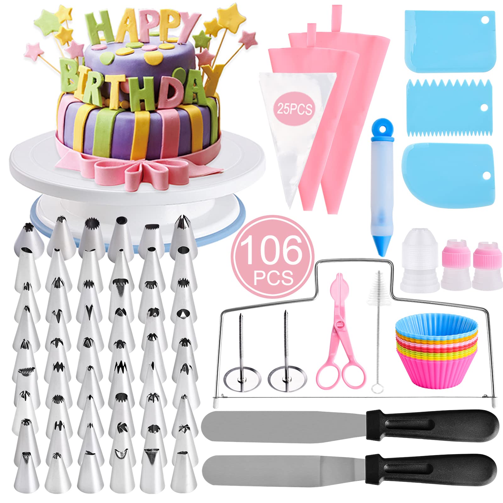 Cake Decorating Tools Supplies kit, 106 Pcs Baking Supplies Tips Set 11 Inch Rotating Cake Turntable Stand-Cake server knife set-48 Numbered Icing tips Cake Server Pastry Tools and More Acces