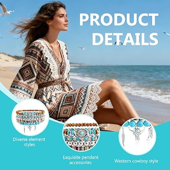 Boho Western Bracelets for Women - 5 Pcs Stackable Beaded Bracelets - Cowgirl Turquoise Jewellery Set for Beach, Birthday & Everyday Wear
