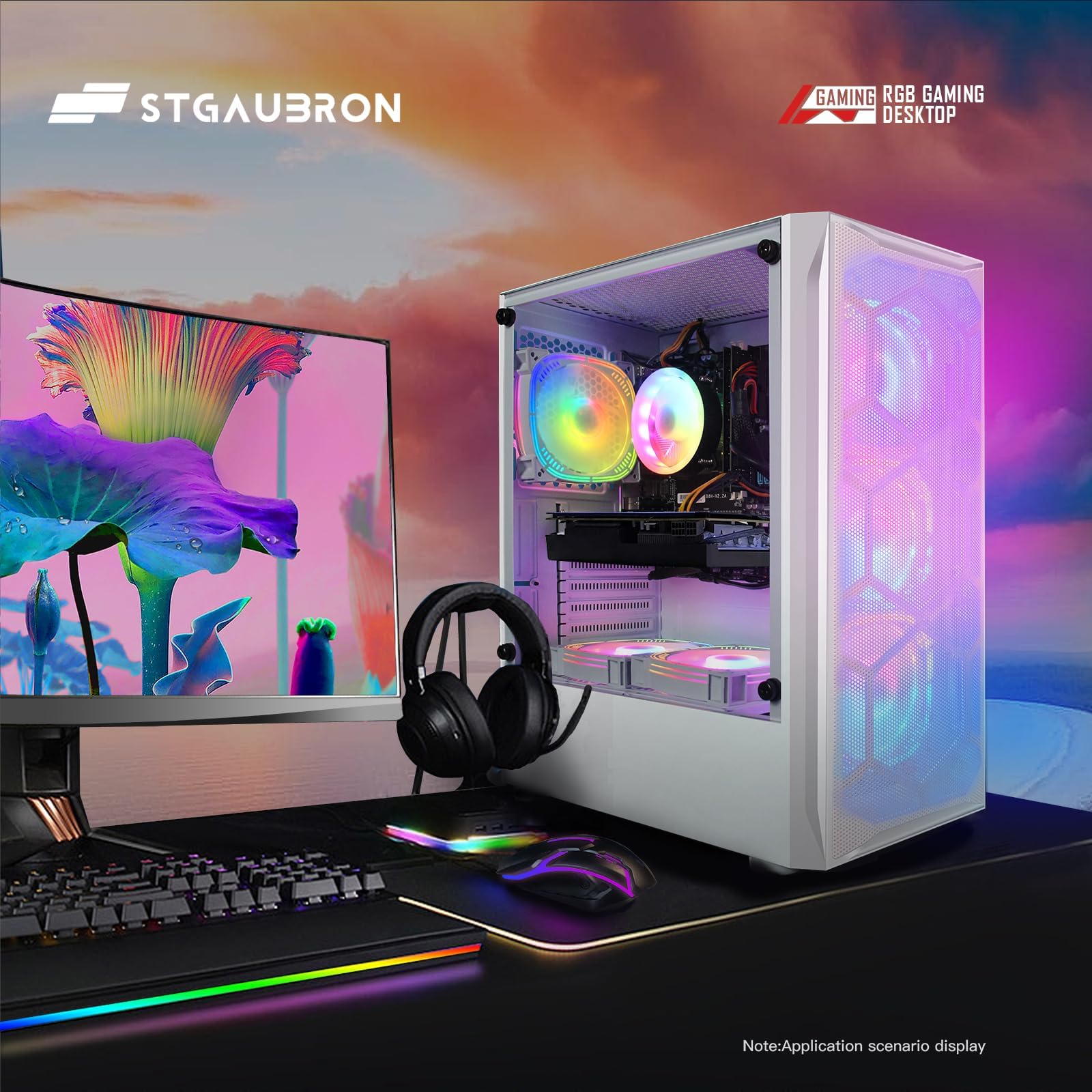 STGAubron Gaming Desktop PC, Radeon RX 5600 XT 6G GDDR6, Intel Core i5 3.2G up to 3.6G, 16G RAM, 512G SSD, 600M WiFi, BT 5.0, RGB Fan x 6, Windows 11 Home, White