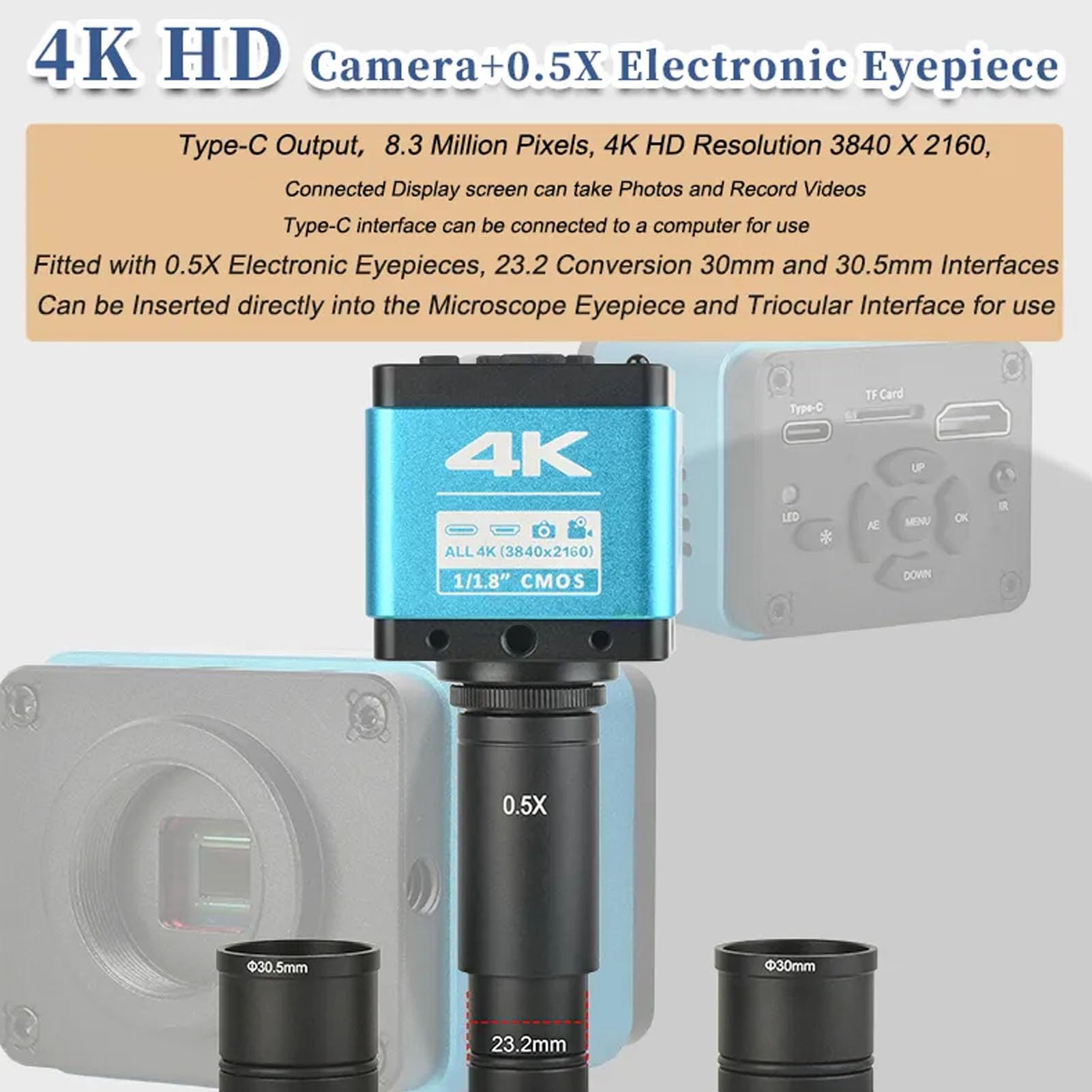 Kamera Mikroskopowa 4K 8,3 MP z Okularem Elektronicznym 0,5X, Wyjściem Interfejsu Multimedialnego HD, dla Ognisk 23,2–30 Mm i 30,5 Mm, Mikroskop Biologiczny (wtyczka UE)