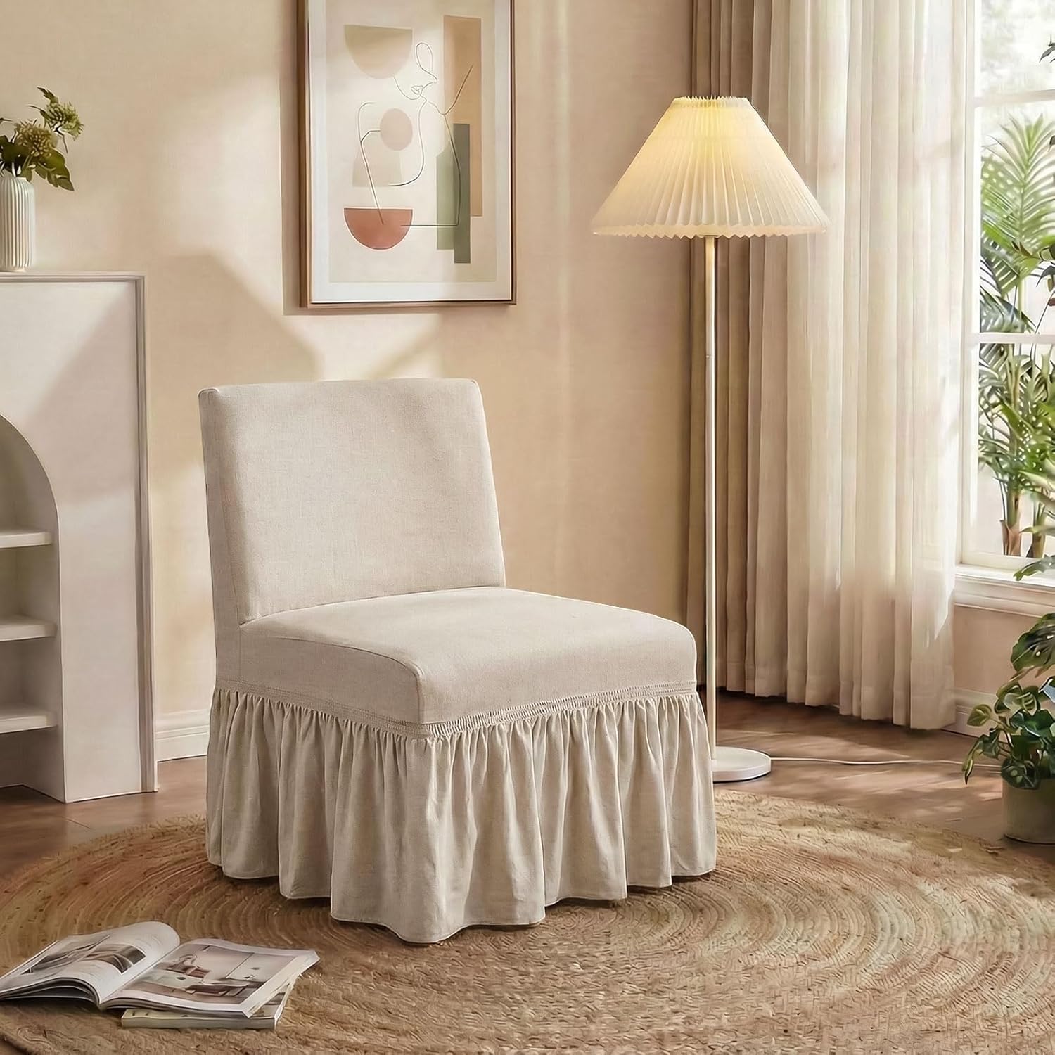NICEEC Beige Spandex Armless Accent Chair Cover with Skirt Stretch Super Soft Modern Accent Slipper Chair Slipcovers Without Arms Washable Chair Protector for Living Room Bedroom Study