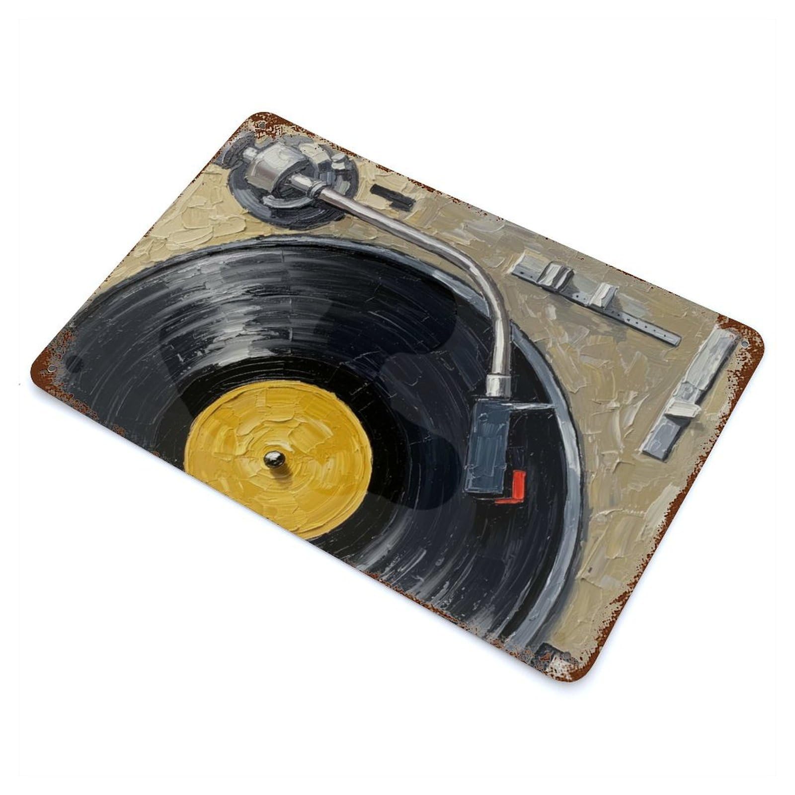 Aged Metal Wall Plaque with Record Player Oil Painting Design 11.8"x7.9", for Farmhouse, Kitchen And Entryway Decor, Old School Wall Decor