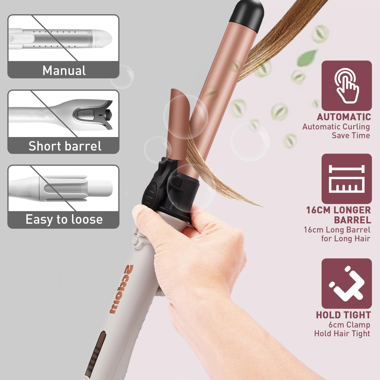 Rizador de Pelo Automático, Rizador Automático con Abrazadera, 5 Configuraciones de Calor Cable Eléctrico Giratorio de 360°, Rizador de pelo Giratorio Automático Función de Reinicio Automático (26MM)