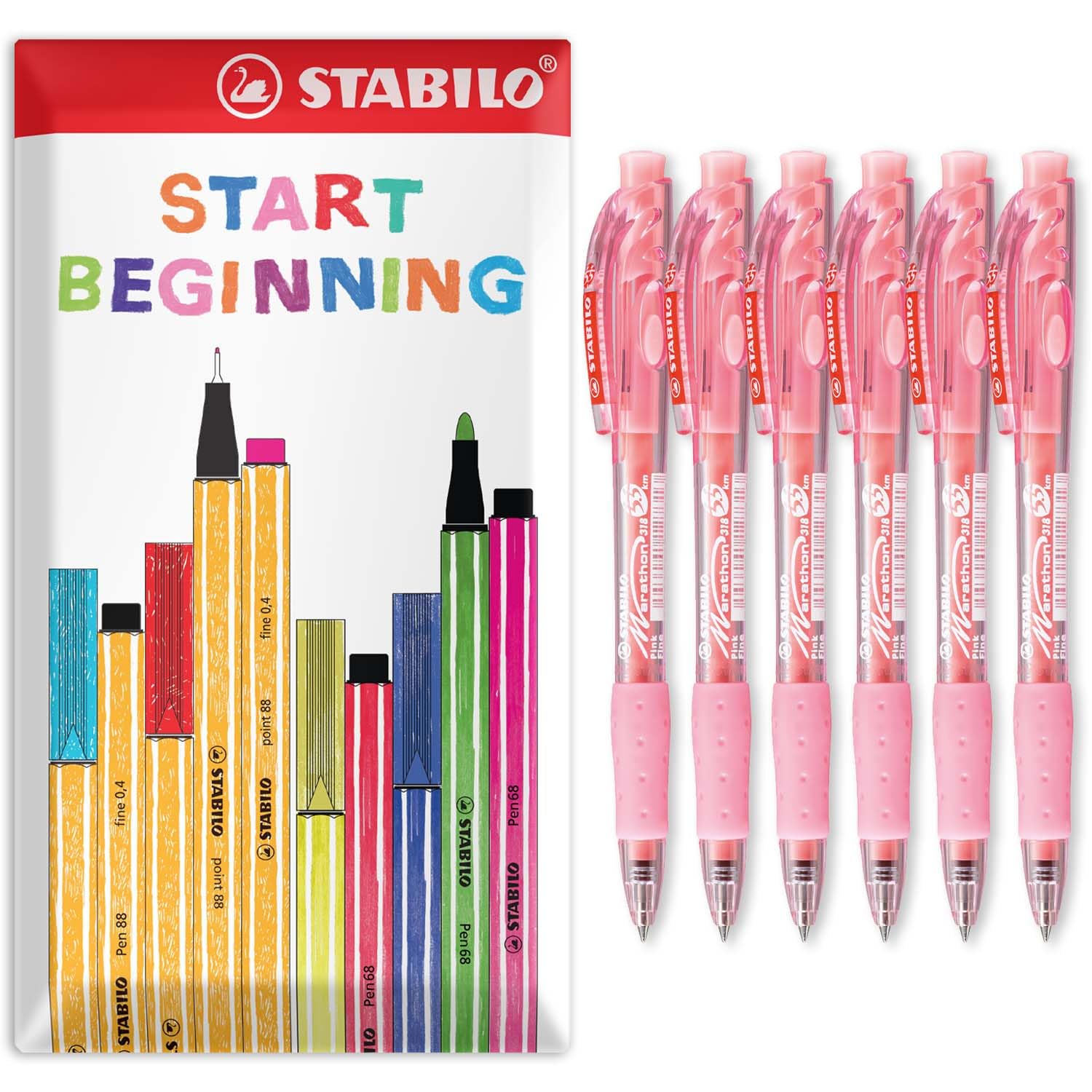 STABILO marathon - Retractable Ballpoint Pen - Fine 0.7mm Nib Pens - Envelope Gift Pack of 6 (Pink)