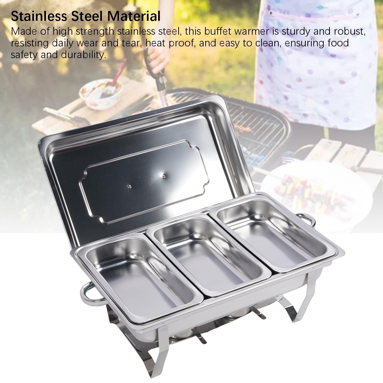 Scaldavivande per Buffet in Acciaio Inossidabile da 4 Pezzi, Scaldavivande Rettangolari da 9 QT per Buffet, con Struttura Pieghevole per Feste, Catering, Matrimoni Ed Eventi all'aperto