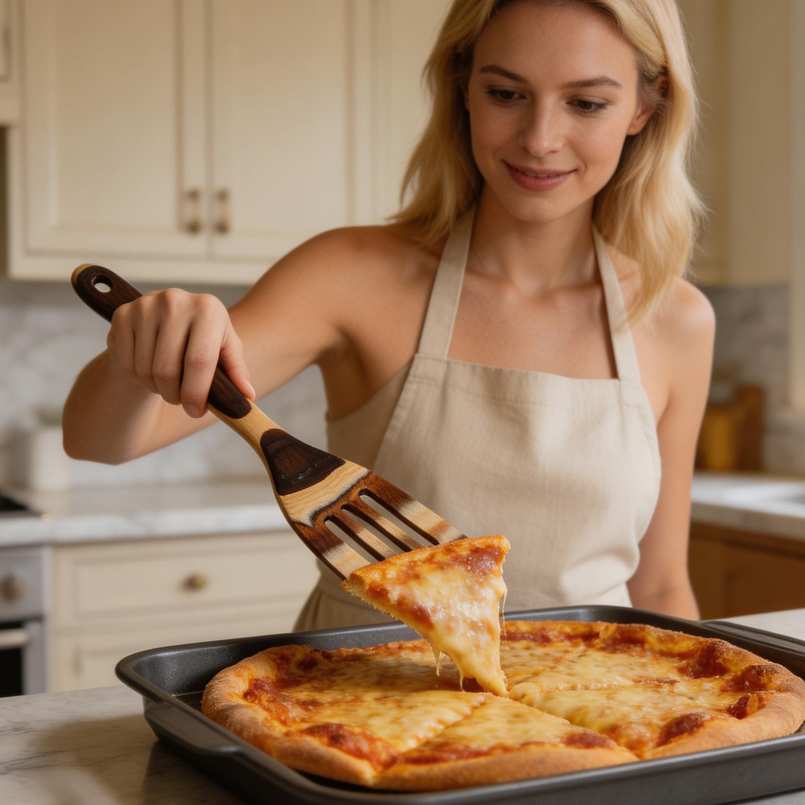 PANGBOER Colección de herramientas de cocina de madera con diseño de color degradado, mango largo, cuchara ranurada, espátula para pastas y cocinas domésticas, utensilios de servir de madera