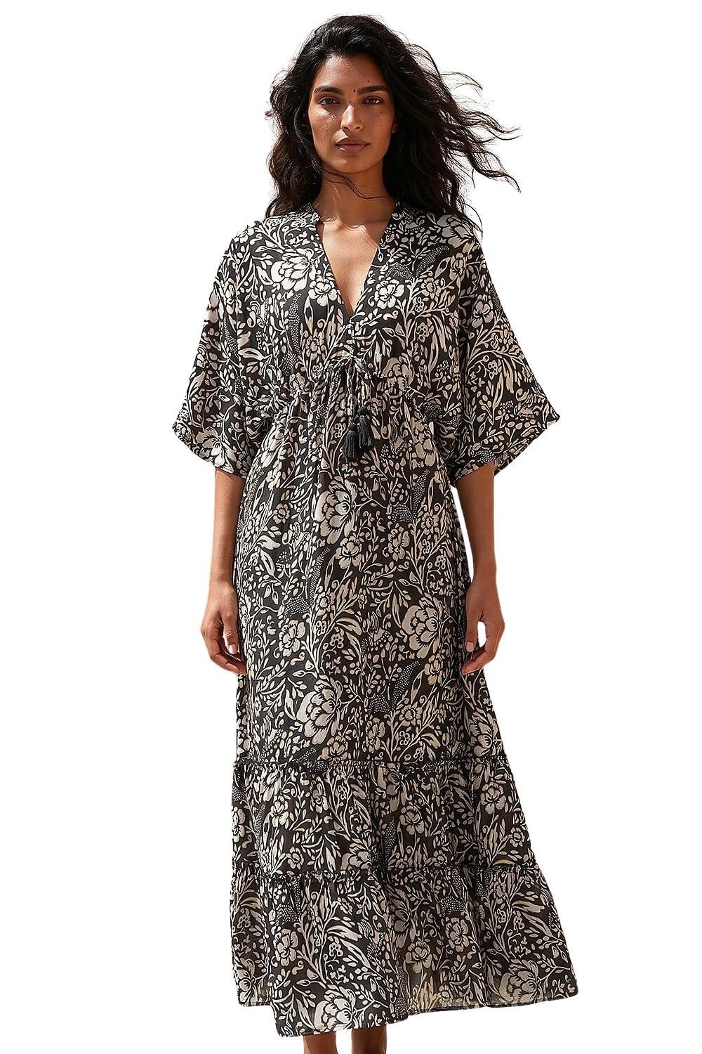 Roman Women's Black Boho Floral Print V-Neck Maxi Dress Size 16
