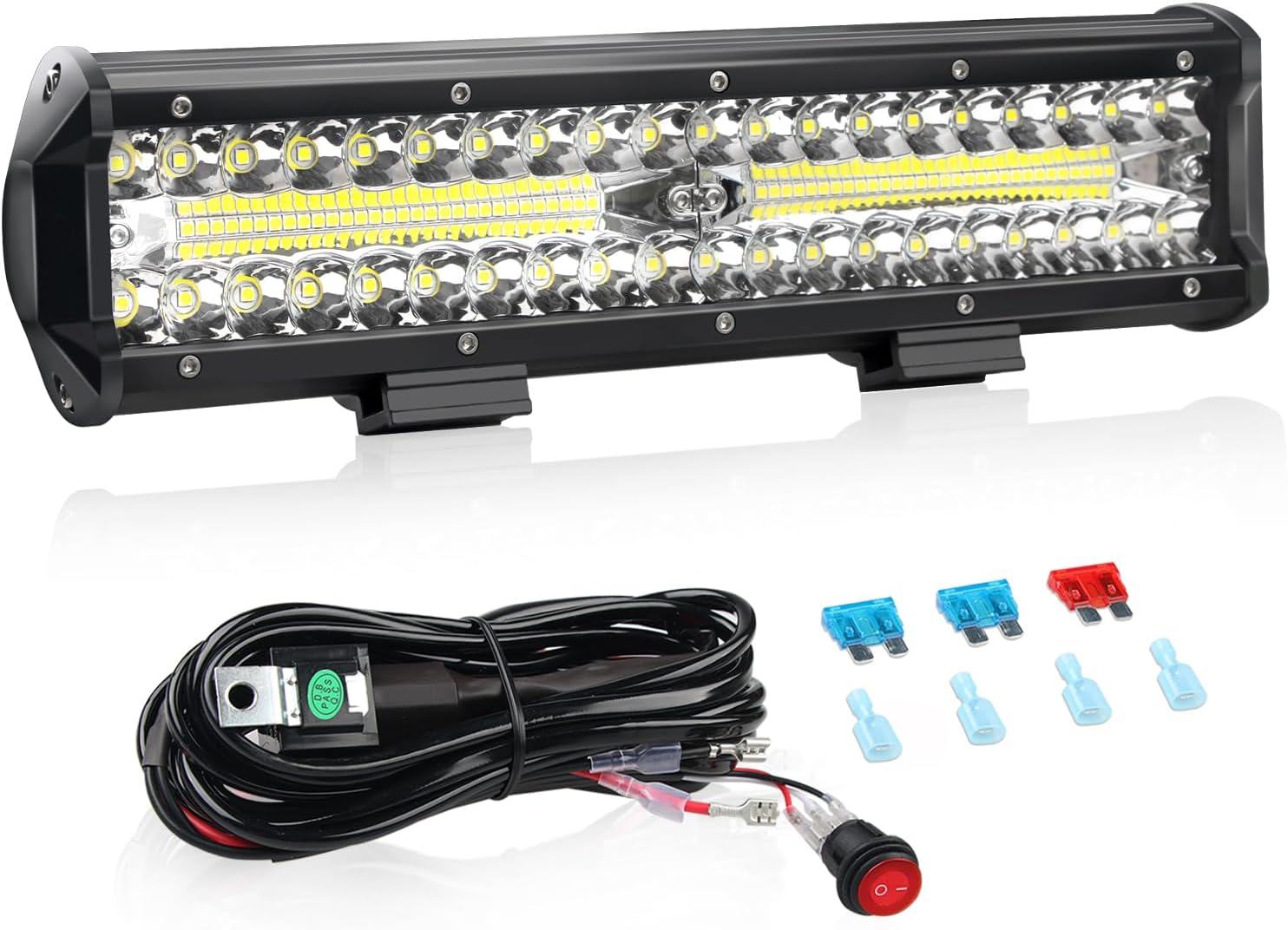 AveneMark 12 Inch LED Light Bar, 300W Triple Row Flood Spot Combo LED Off Road Lights with 16AWG Wiring Harness Kit 2 Leads, Automotive Light Bar for Truck ATV UTV SUV