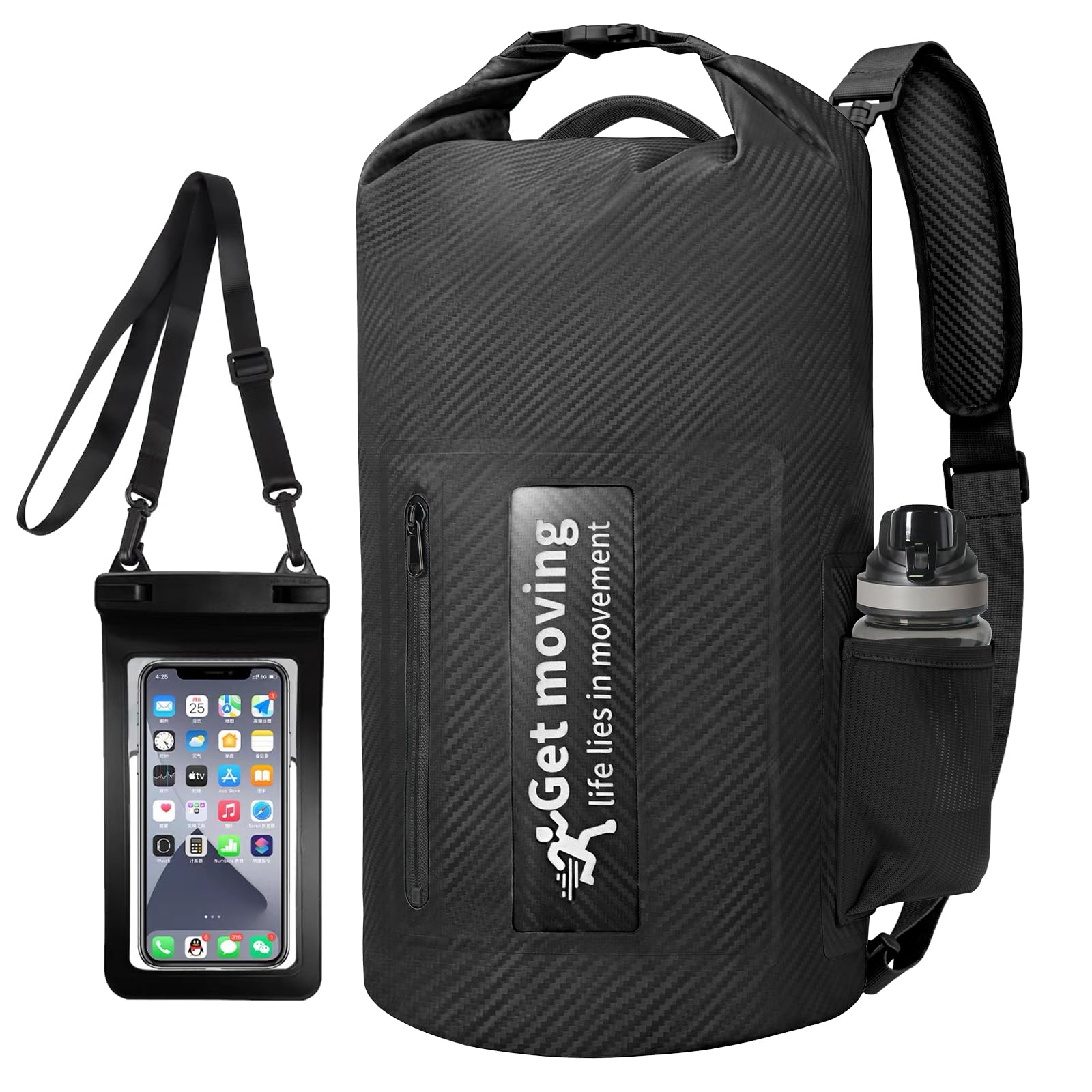 Sac à Dos Étanche 10L 20L 30L Sac Étanche Nautique Sac de Voyage Waterproof Dry Bag Roll-Top Sac Imperméable pour Kayak Pêche (10L,Noir(avec Pochette étanche pour téléphone Portable))