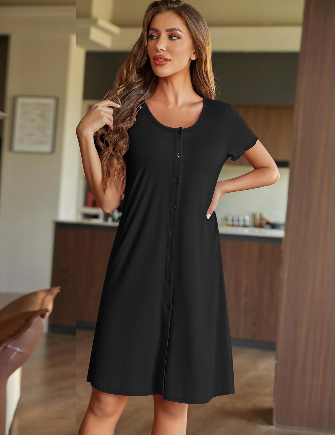 Ekouaer Womens Nightshirt Button Down Sleep Shirts Short Sleeve Nightgown V-Neck Sleepdress Soft Sleepwear - Image 5