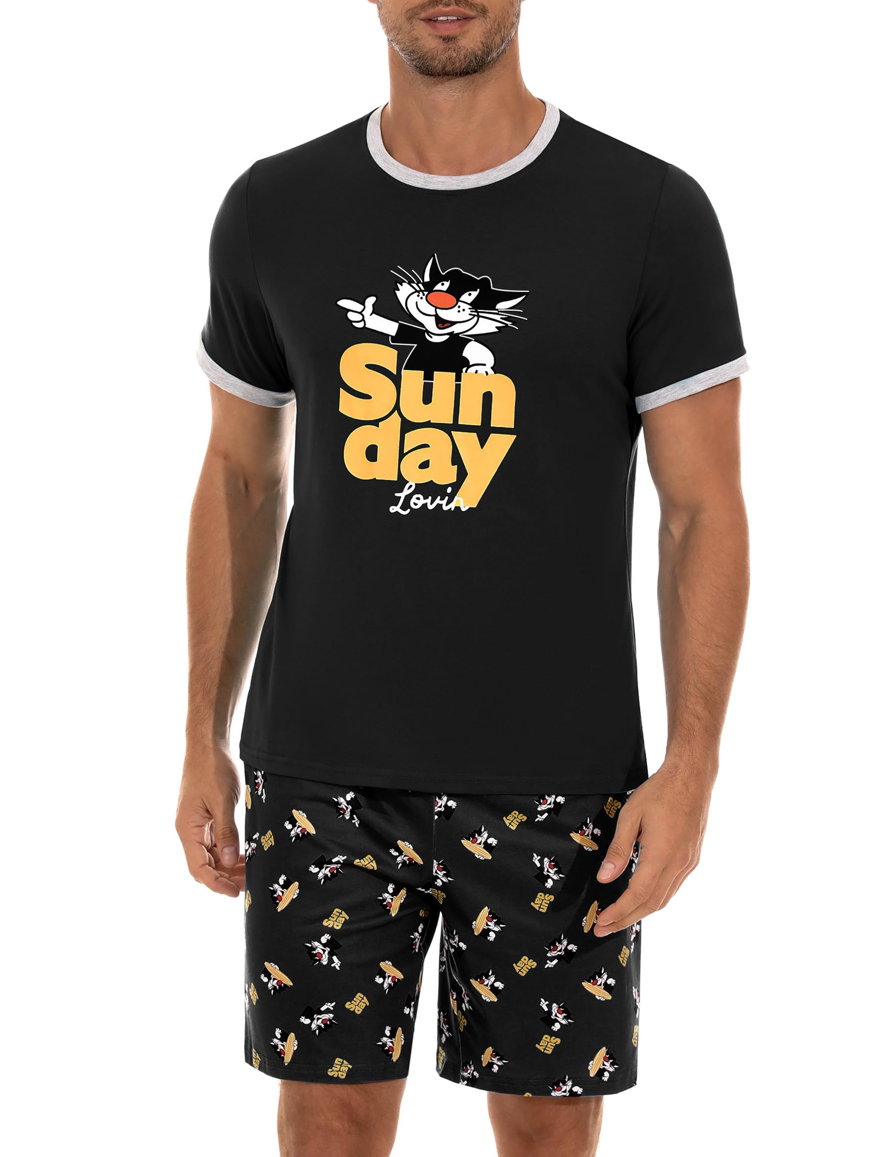 Demegimi Herren Schlafanzug Kurz Shorty Pyjama Baumwolle Lustige Katze T-Shirt Sommer Pyjama Set Loungewear für Männer