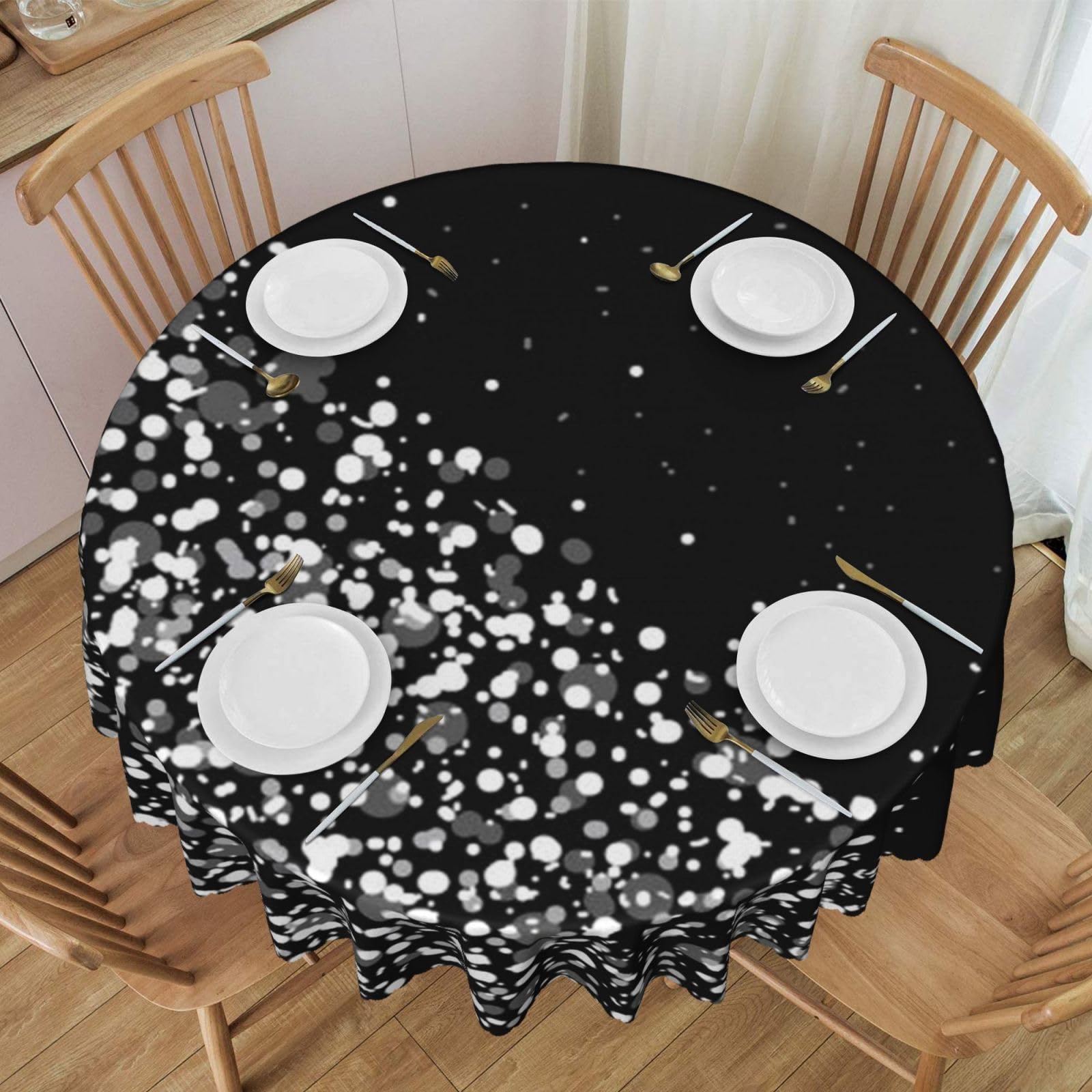 DCEHGEW 60 In Round Tablecloth with Lace, Black white glitter Printed Oilproof & Washable Fabric Picnic Table Cloth Table Covers