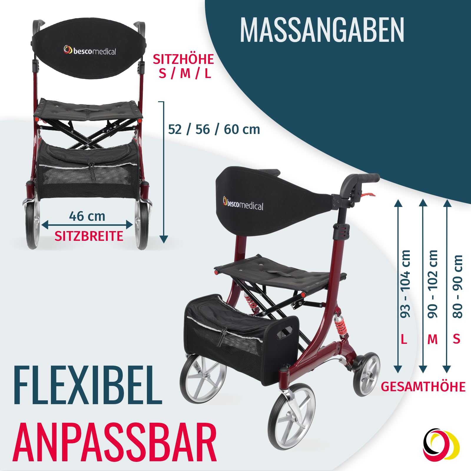 Leichtgewicht-Rollator SPRING - Komfort-Federung - Modell S Bordeauxrot | höhenverstellbar & faltbar - Gehhilfe inkl. Netztasche & breitem Rückengurt - bequeme Sitzfläche - zusammenklappbar