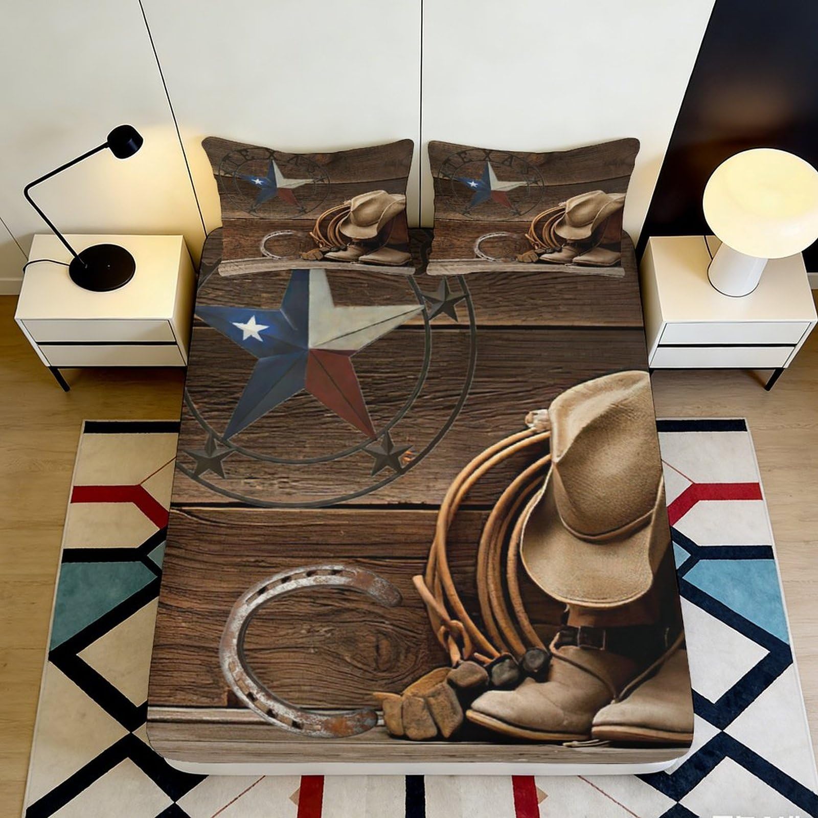 3D Printed Western Cowboy Star Fitted Sheet Microfiber Durable Rustic Rodeo Bed Cover for Bedroom Guest Room Decor 120x200x25cm