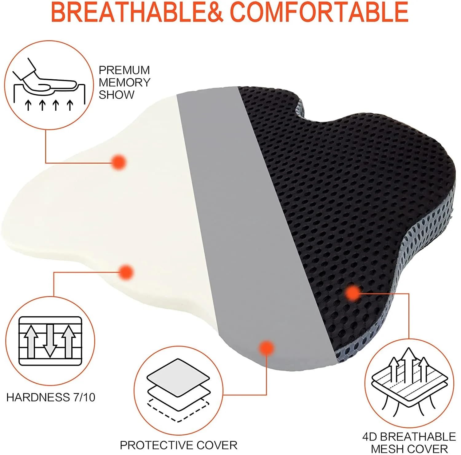Cojín para coxis Cojin Antiescaras Cojín de Espuma viscoelástica para Coche, Silla ortopédica para Dolor de Espalda, coxis, Silla de Oficina, Soporte para Silla de Ruedas(Gray)