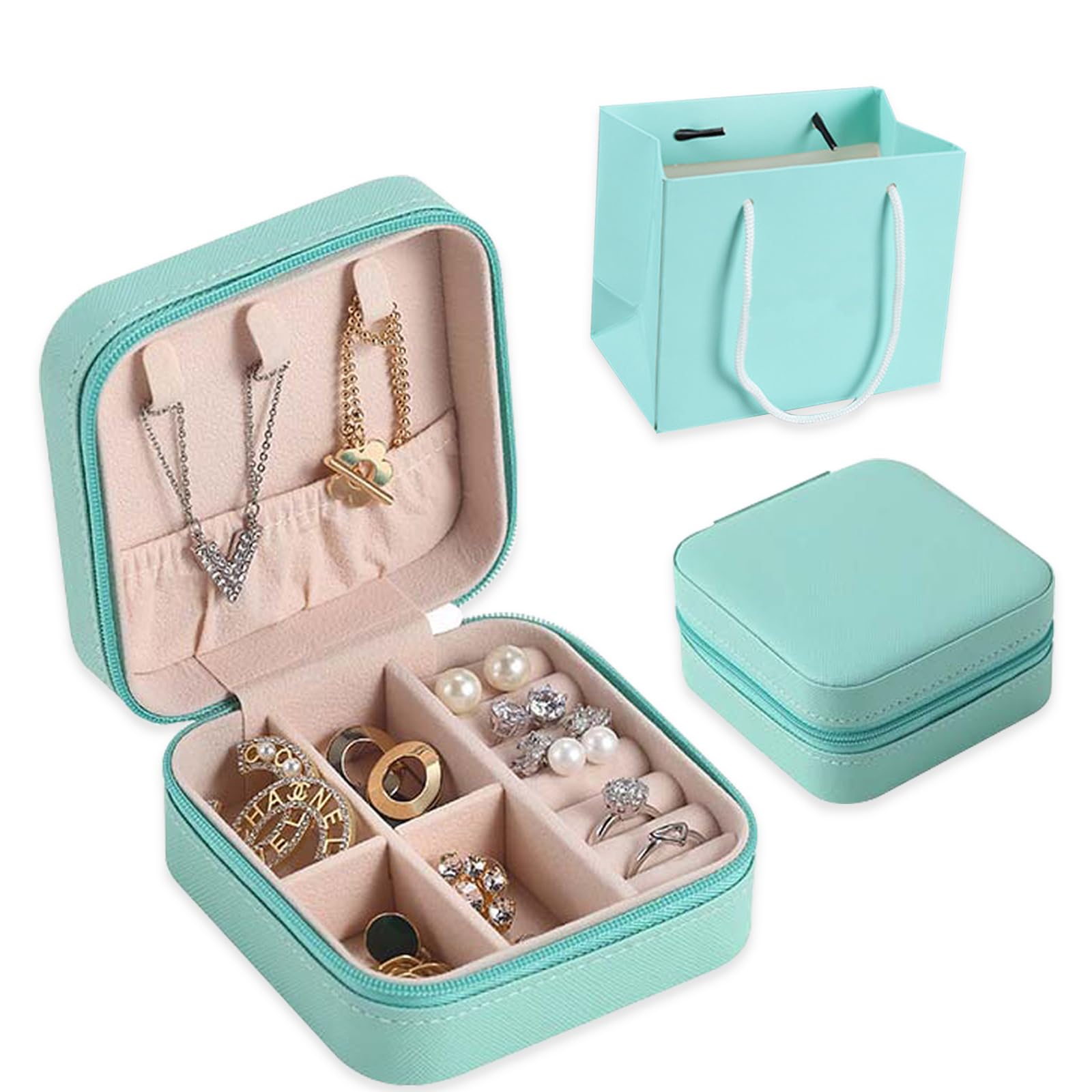 XIANGLONGY Joyero de Viaje Pequeño para Mujer, Organizador de Joyas con Cremallera, Estuche Portátil de Piel Sintética (Azul)